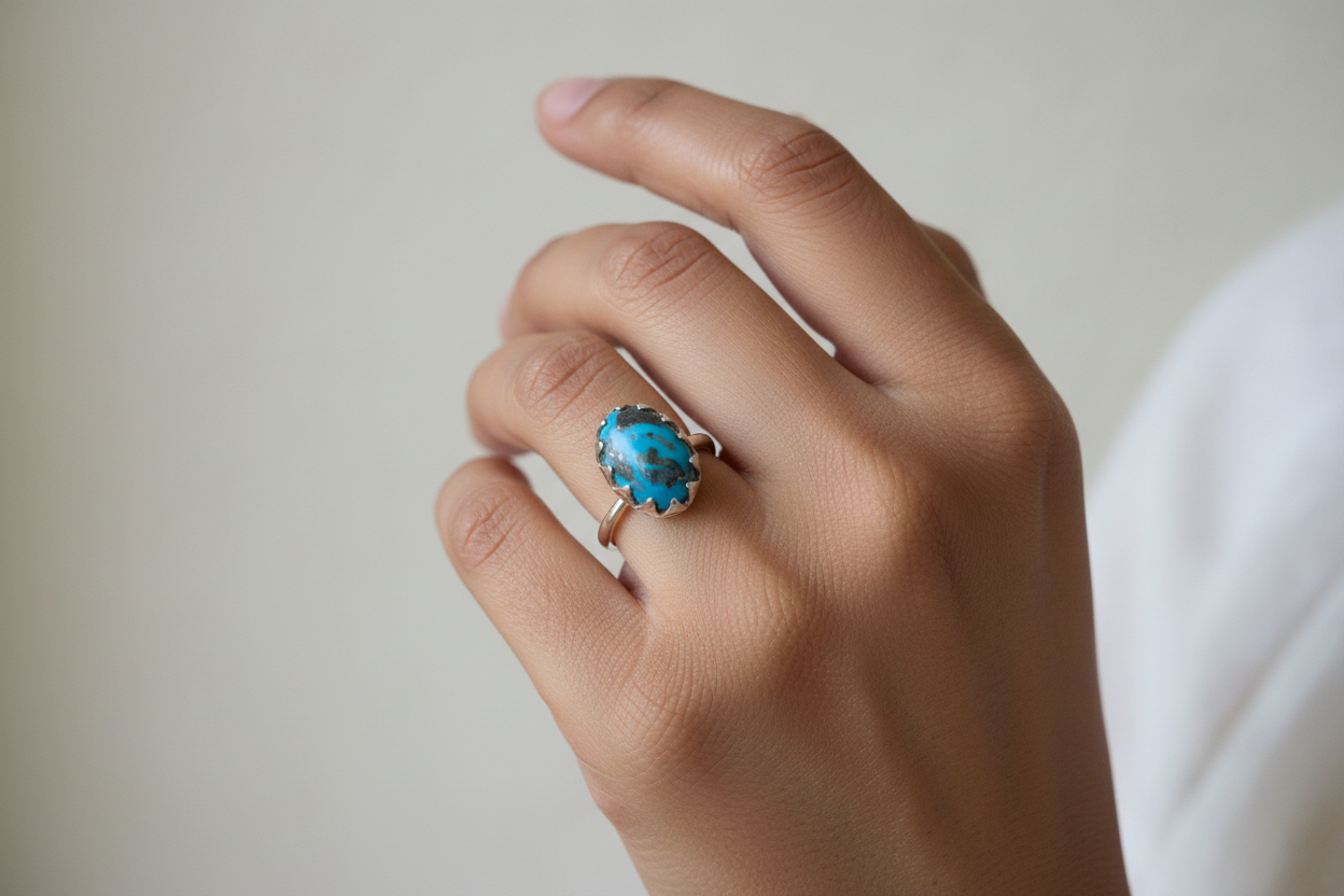 Neela- 925 Silver ring studded with original turquoise (Irani Phiroza)