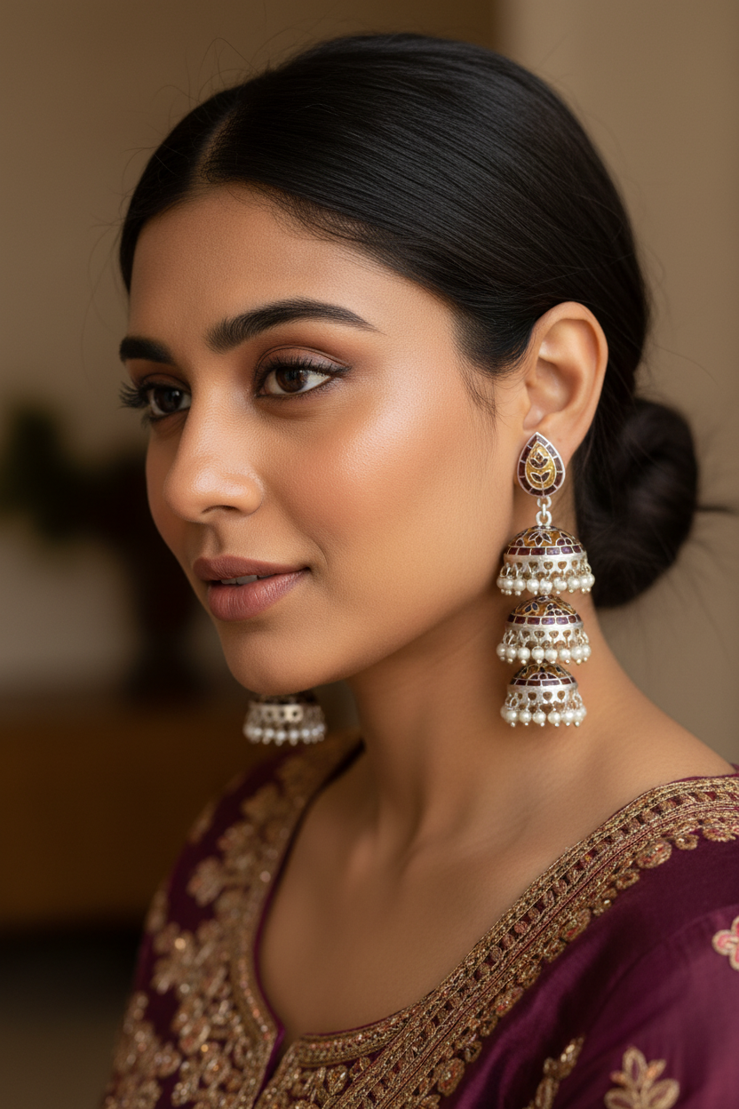 Handcrafted 925 silver jhumkas with traditional Meena enamel work and freshwater pearls. A festive, heirloom-worthy statement earring from Artificcers.