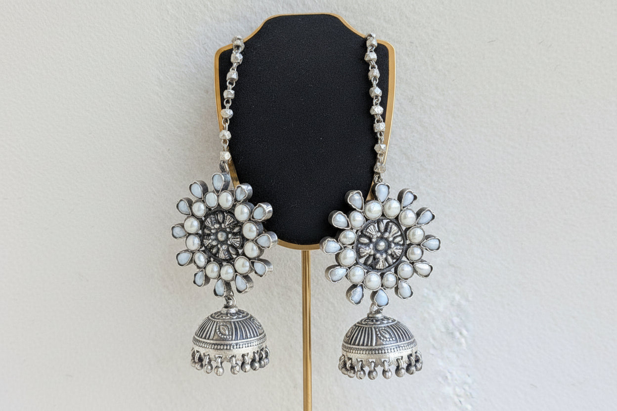 Motiya - 925 Silver Jhumka and detachable Ear Chain Embellished with Natural Pearls