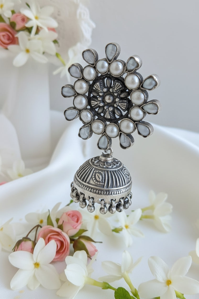 Motiya - 925 Silver Jhumka and detachable Ear Chain Embellished with Natural Pearls