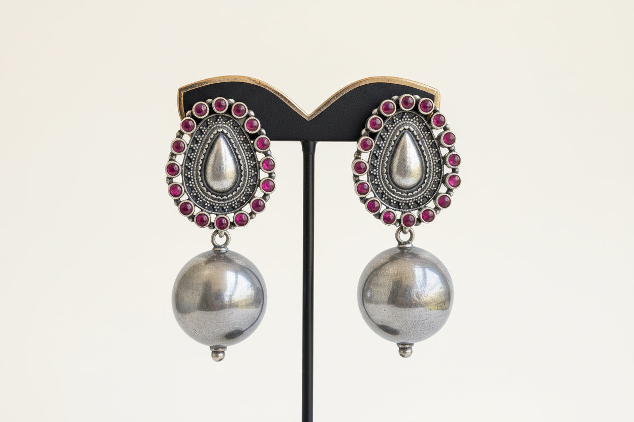 Advika - 925 Sterling Silver Large Jhumkas with Red Kemp Stones