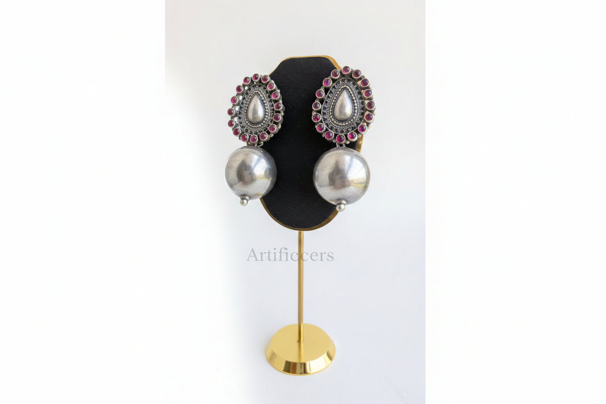 Advika - 925 Sterling Silver Large Jhumkas with Red Kemp Stones