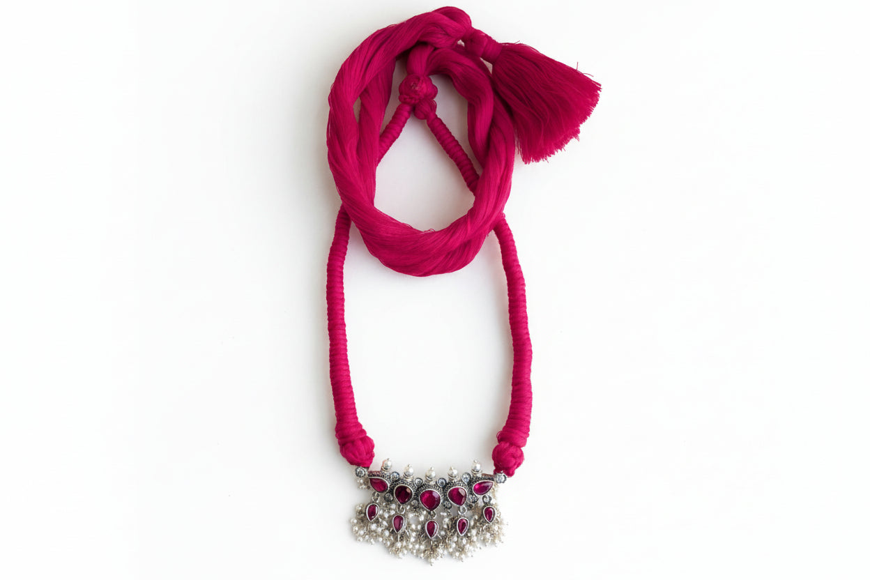 Aadyaa- 925 Sterling Silver Tanmani Necklace with Freshwater Pearls, Pink Zircon and Silk Thread