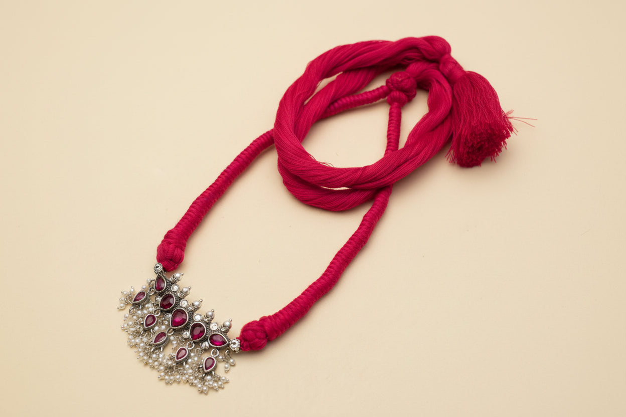 Aadyaa- 925 Sterling Silver Tanmani Necklace with Freshwater Pearls, Pink Zircon and Silk Thread