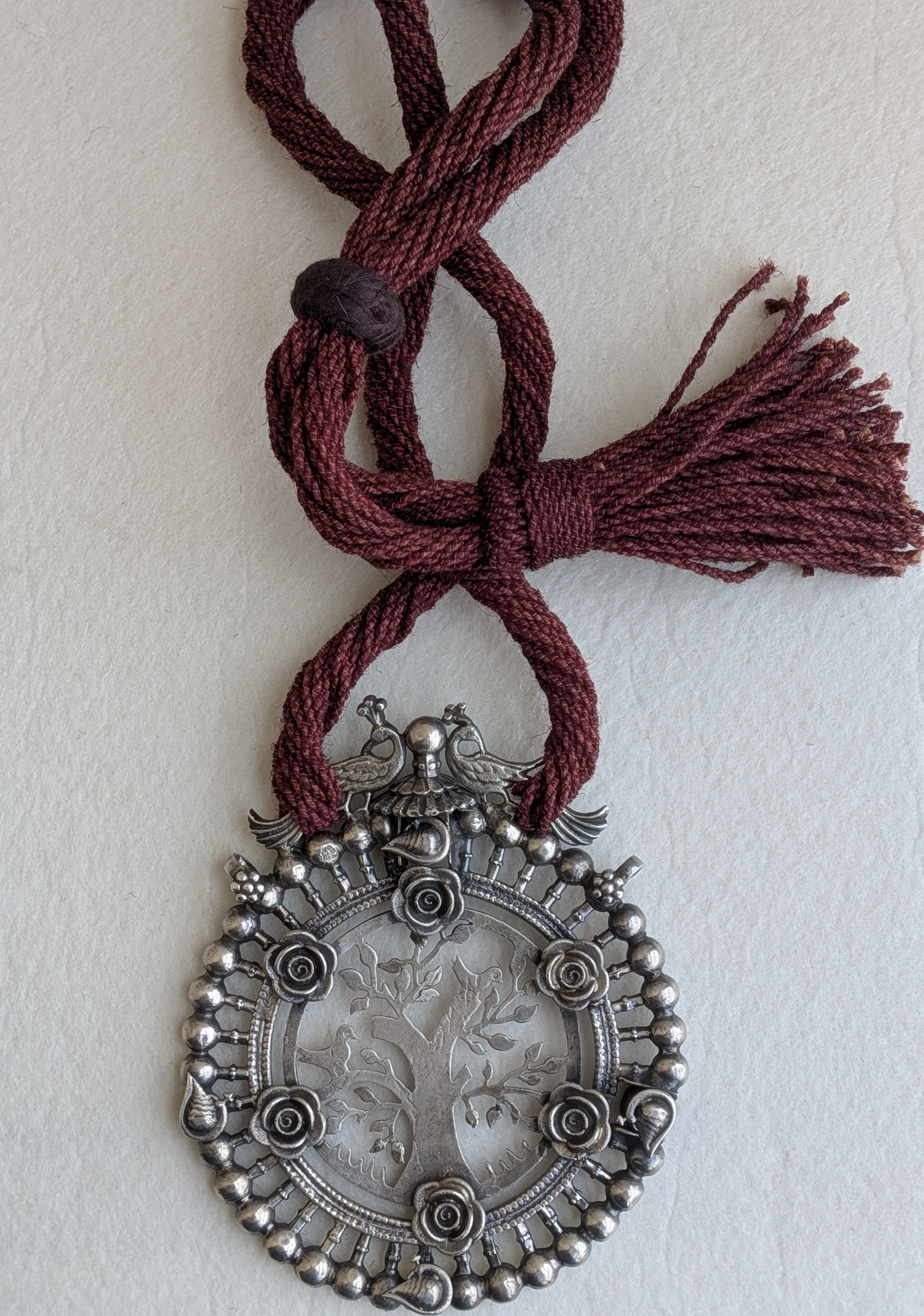 Vasanta - Heirloom Antique 925 Silver Extra Large Pendant Necklace with Jute Dori