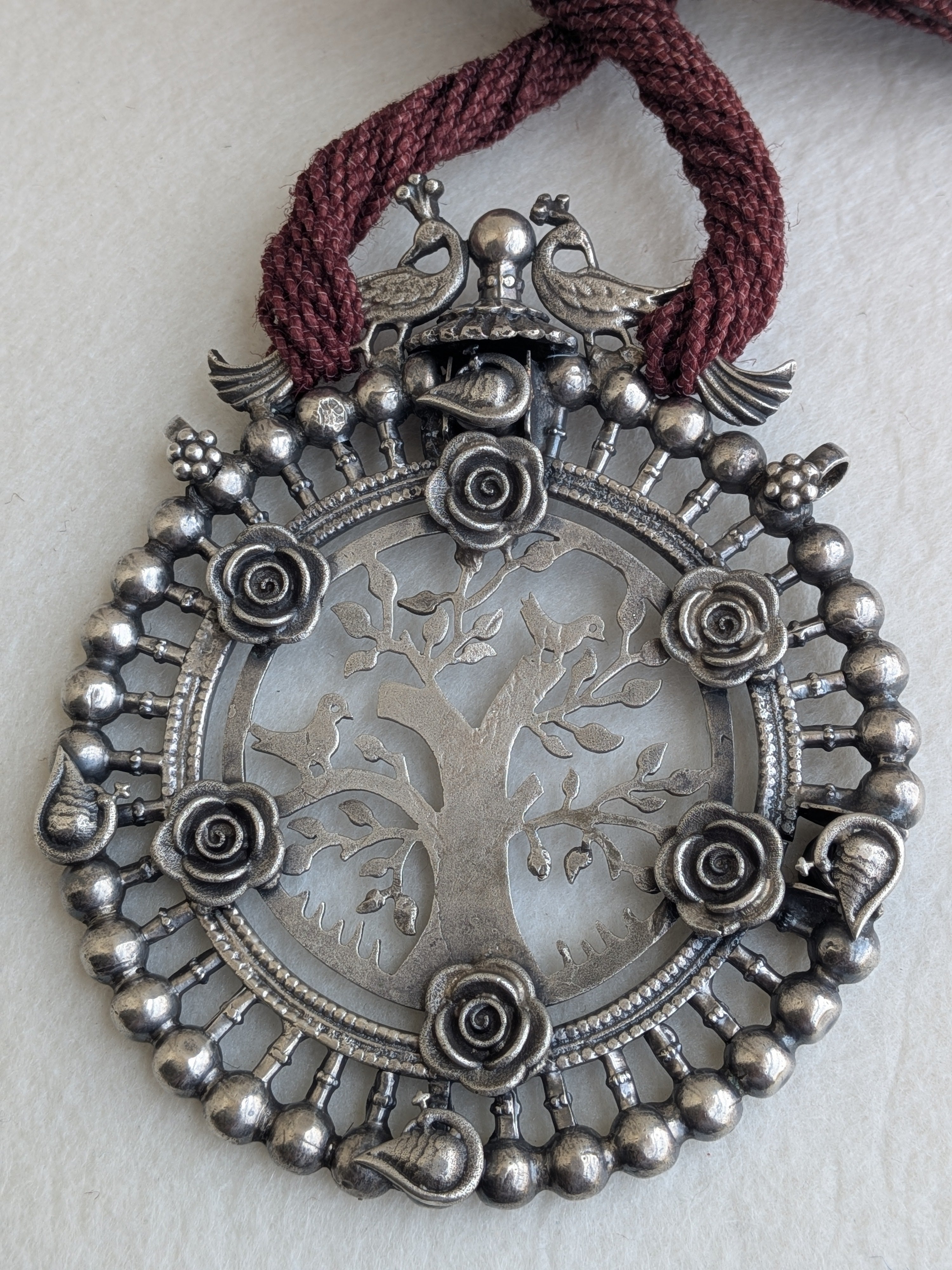Vasanta - Heirloom Antique 925 Silver Extra Large Pendant Necklace with Jute Dori