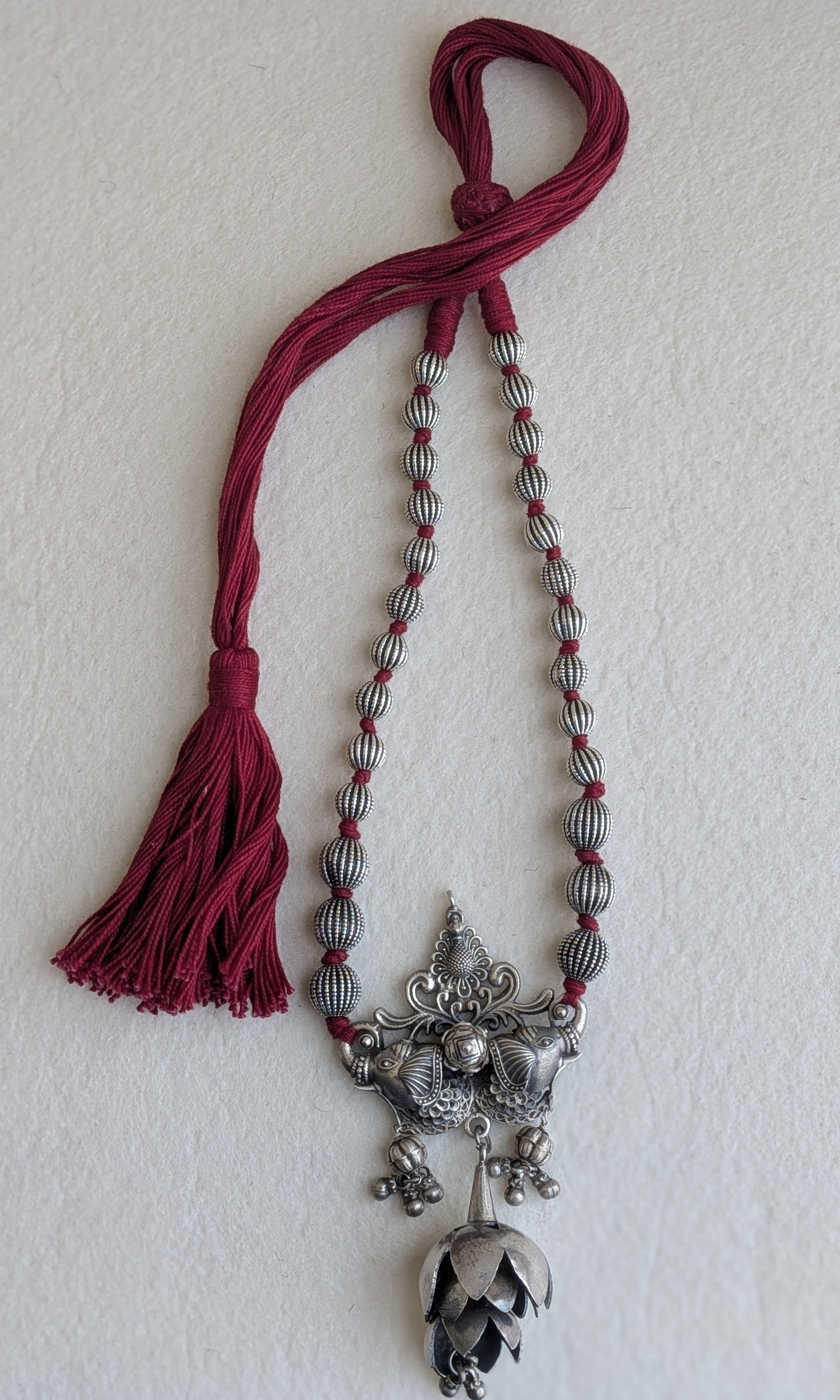 Aradhya - Antique 925 Silver Heirloom Neckpiece with Cotton Thread