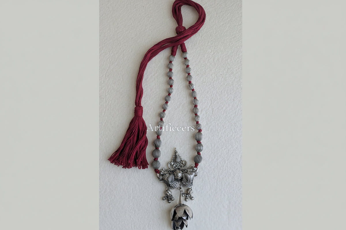 Aradhya - Antique 925 Silver Heirloom Neckpiece with Cotton Thread