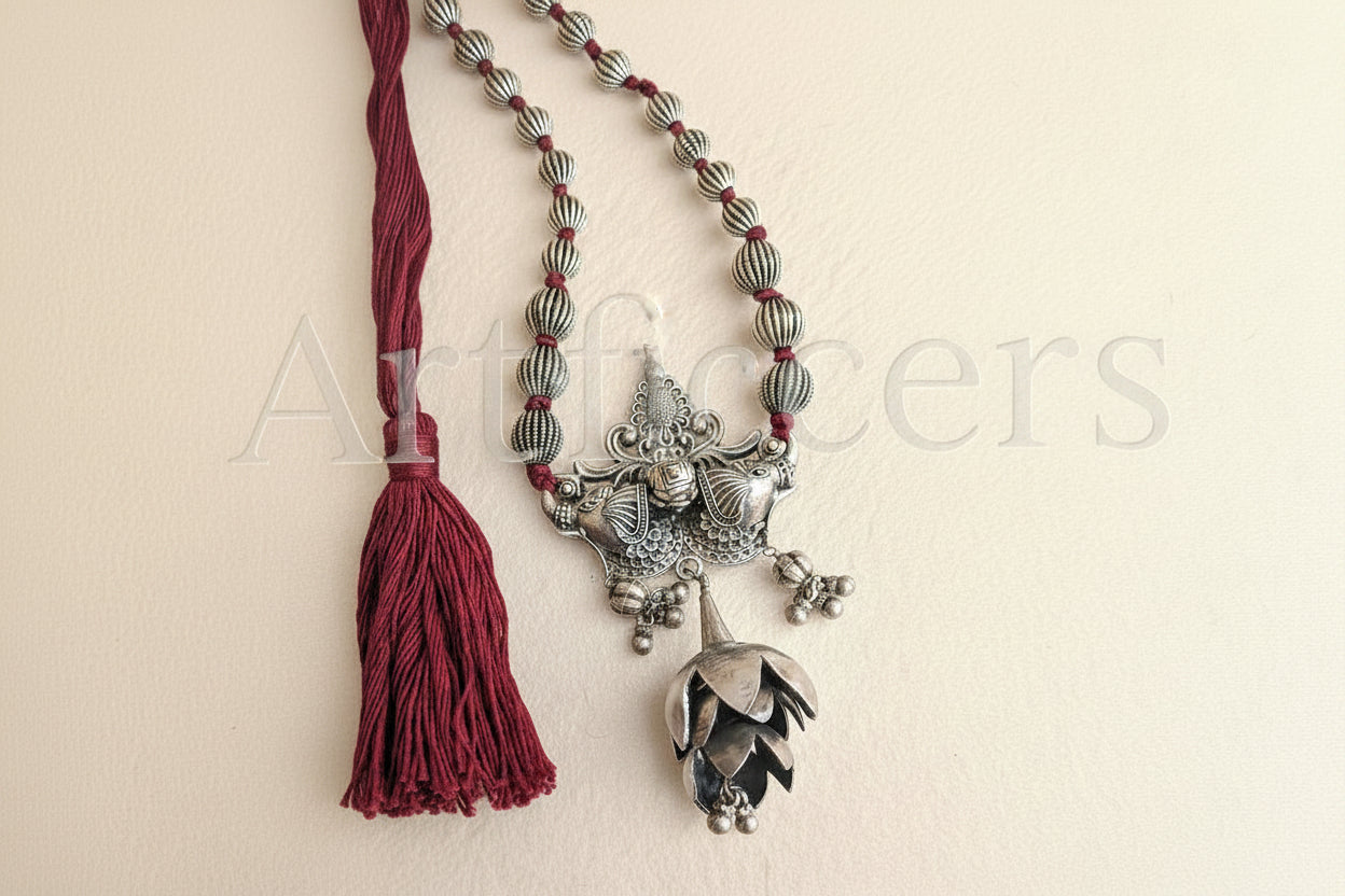 Aradhya - Antique 925 Silver Heirloom Neckpiece with Cotton Thread
