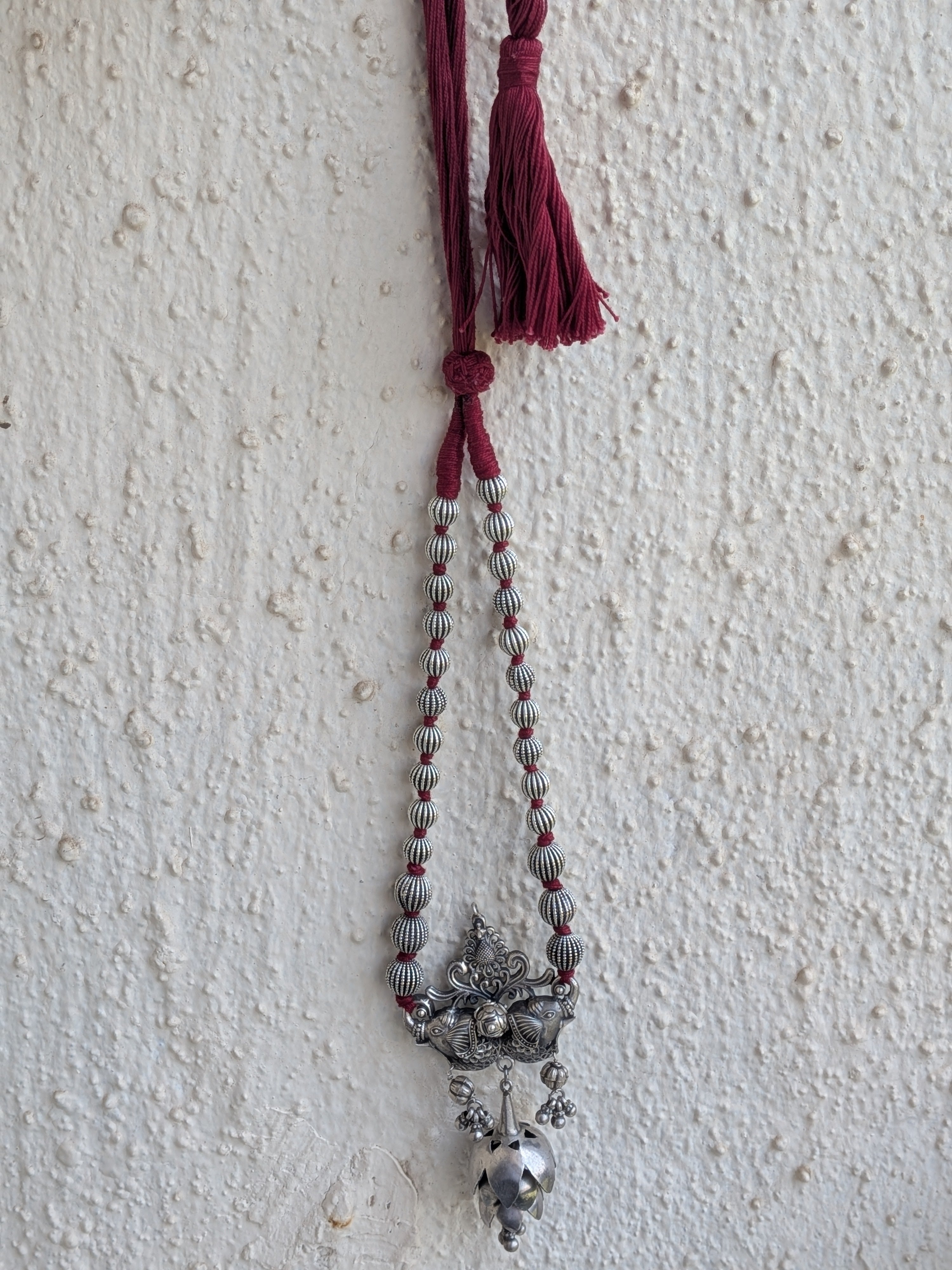 Aradhya - Antique 925 Silver Heirloom Neckpiece with Cotton Thread