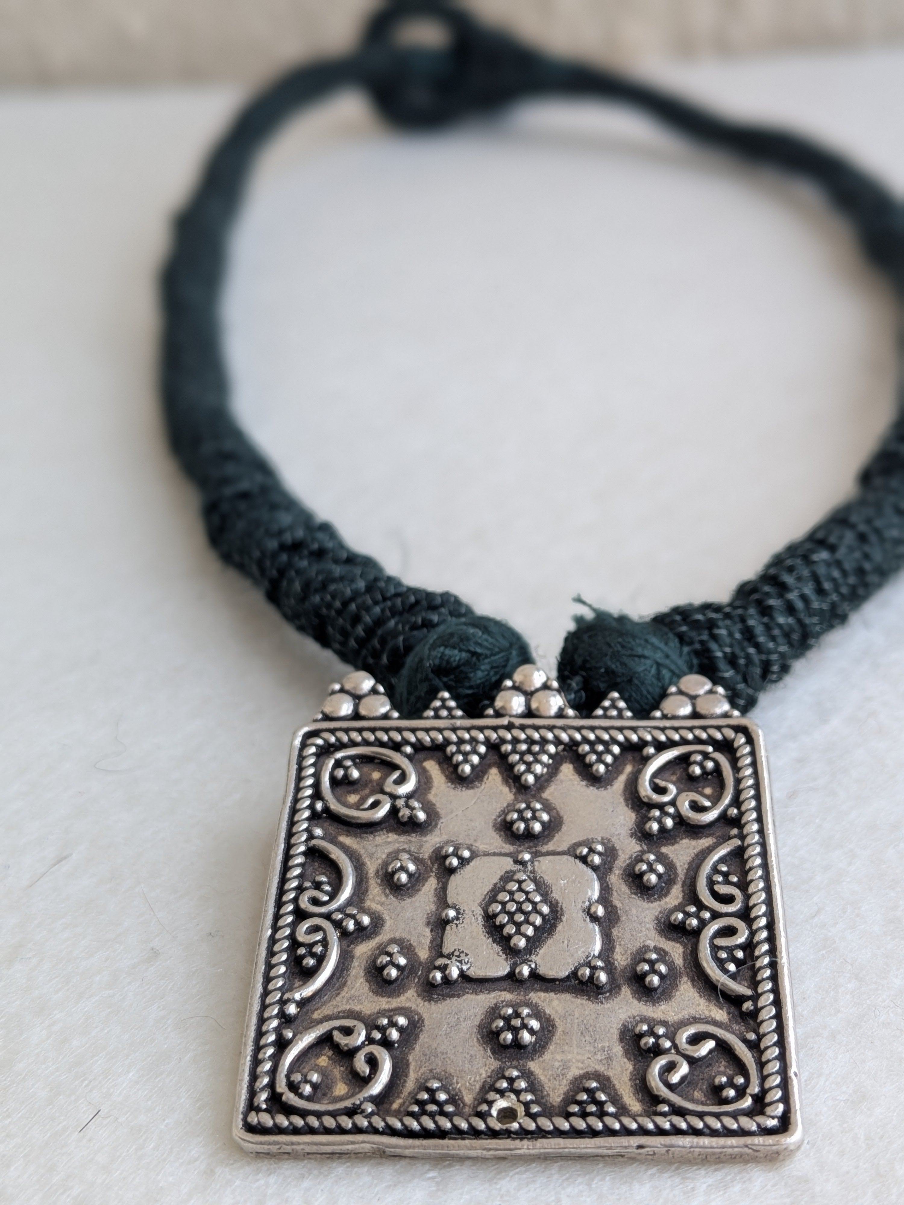 Tara - Unique square shaped 925 sterling silver pendant suspended on a natural jute dori