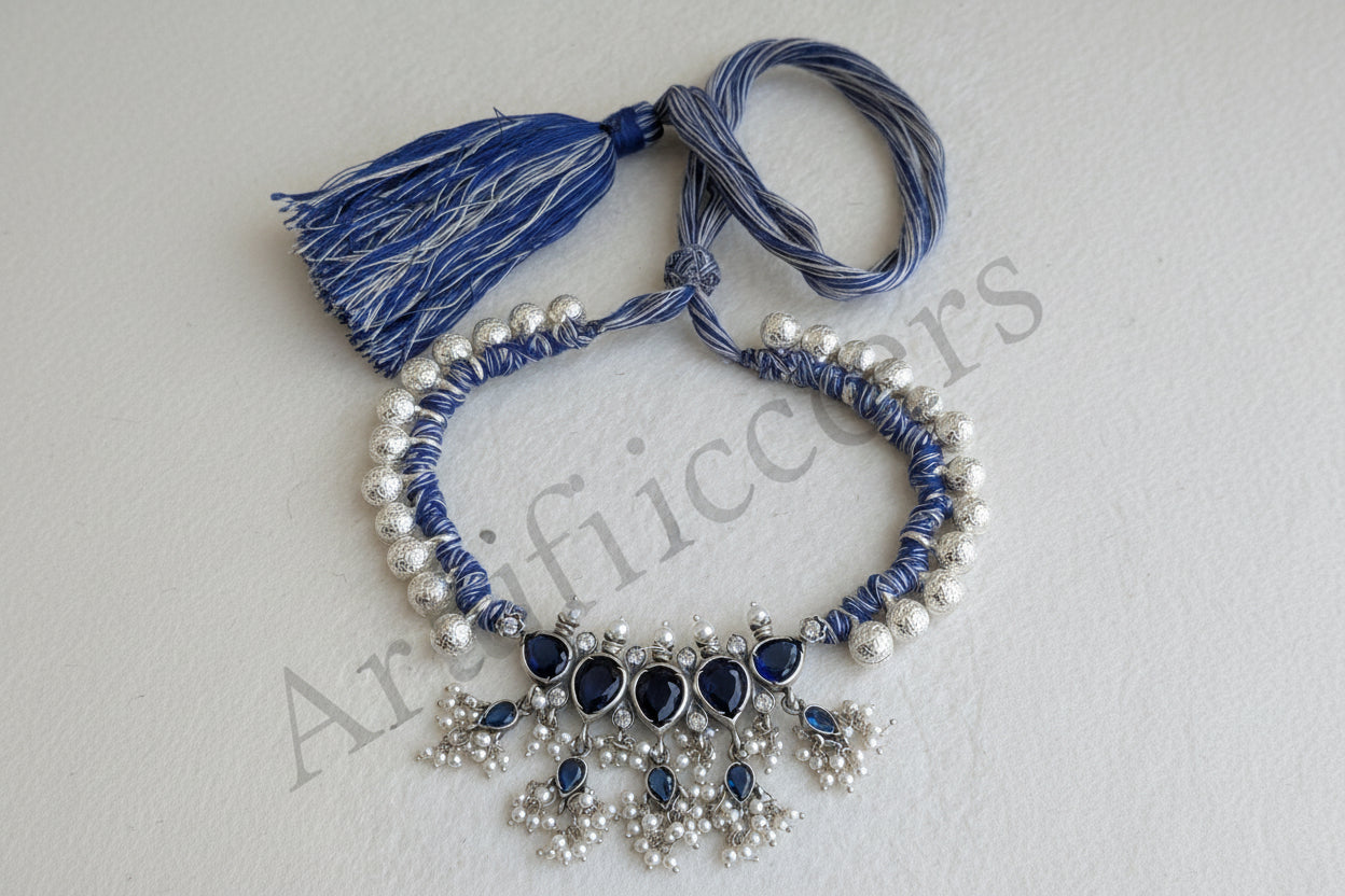 Neel Mogra - 925 Sterling Silver Tanmani adorned with Silver and Zircon beads & Freshwater Pearls
