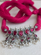 Aadyaa- 925 Sterling Silver Tanmani Necklace with Freshwater Pearls, Pink Zircon and Silk Thread