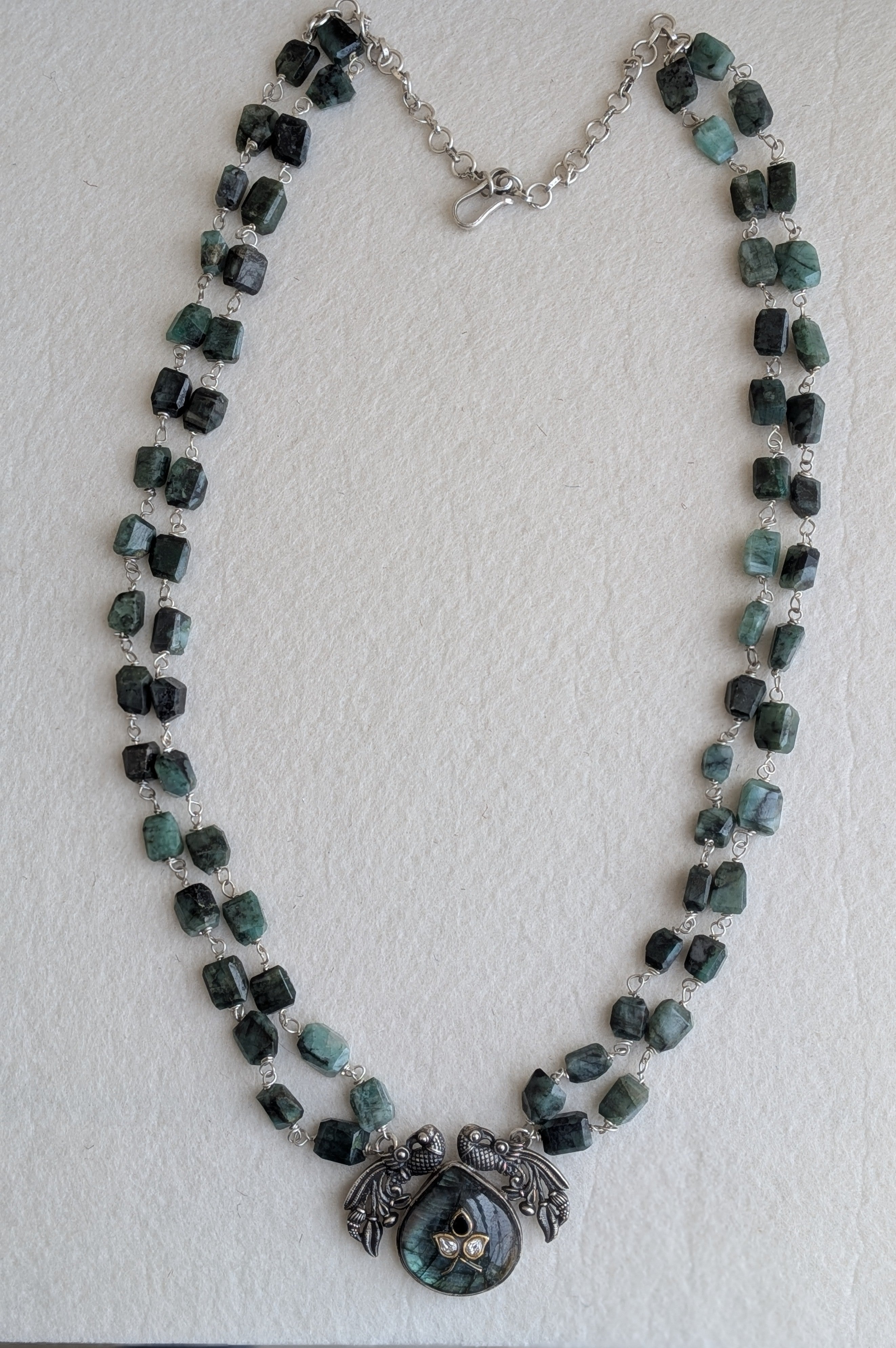 Panna - Hairloom Emerald & Labradorite Necklace with Intricate Jadau Work - 925 Silver