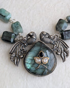 Panna - Hairloom Emerald & Labradorite Necklace with Intricate Jadau Work - 925 Silver