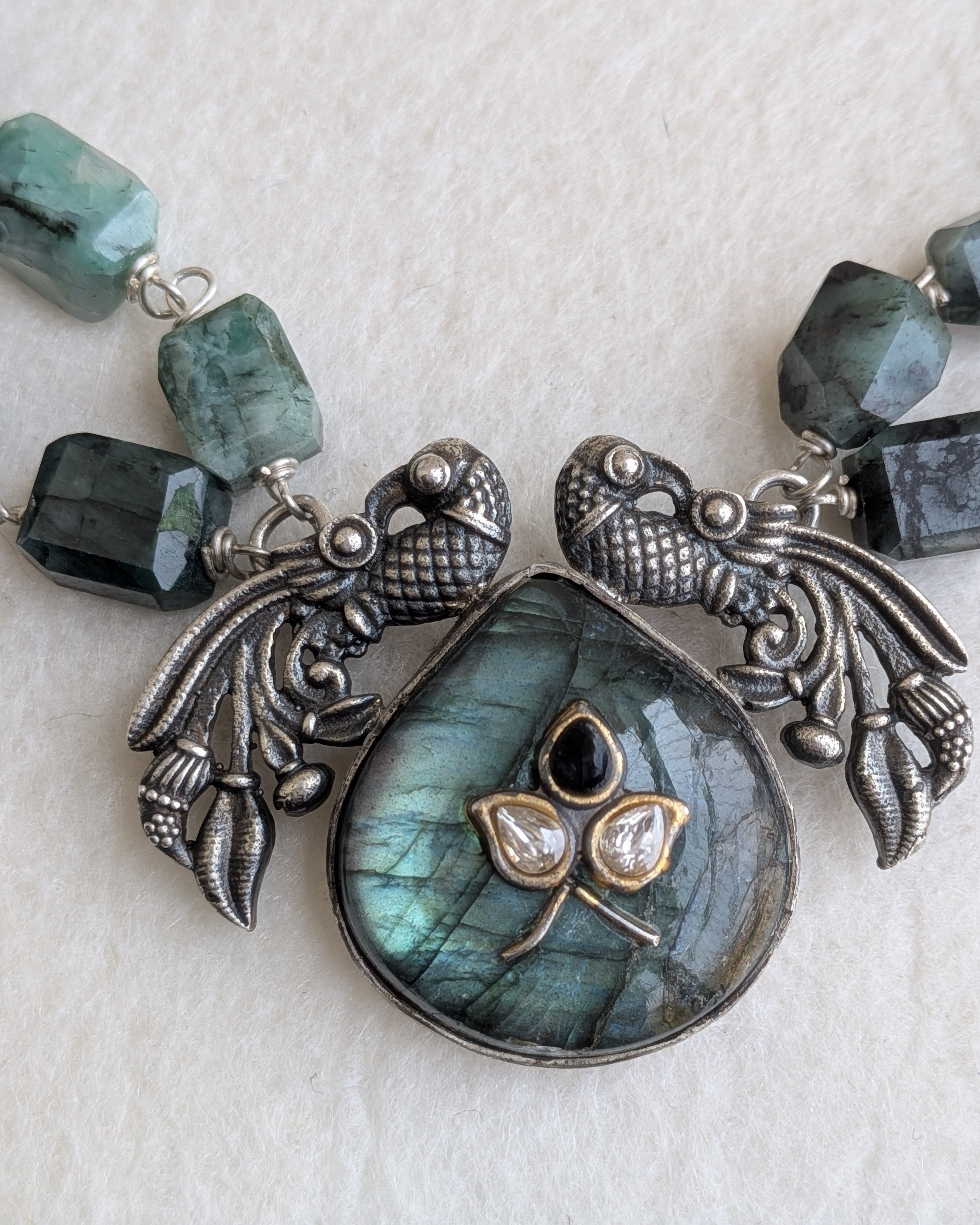 Panna - Hairloom Emerald & Labradorite Necklace with Intricate Jadau Work - 925 Silver