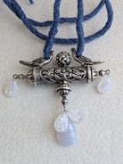 Amara - Statement Silver Peacock Pendant with Moonstone & Chalcedony - Blue Jute Dori
