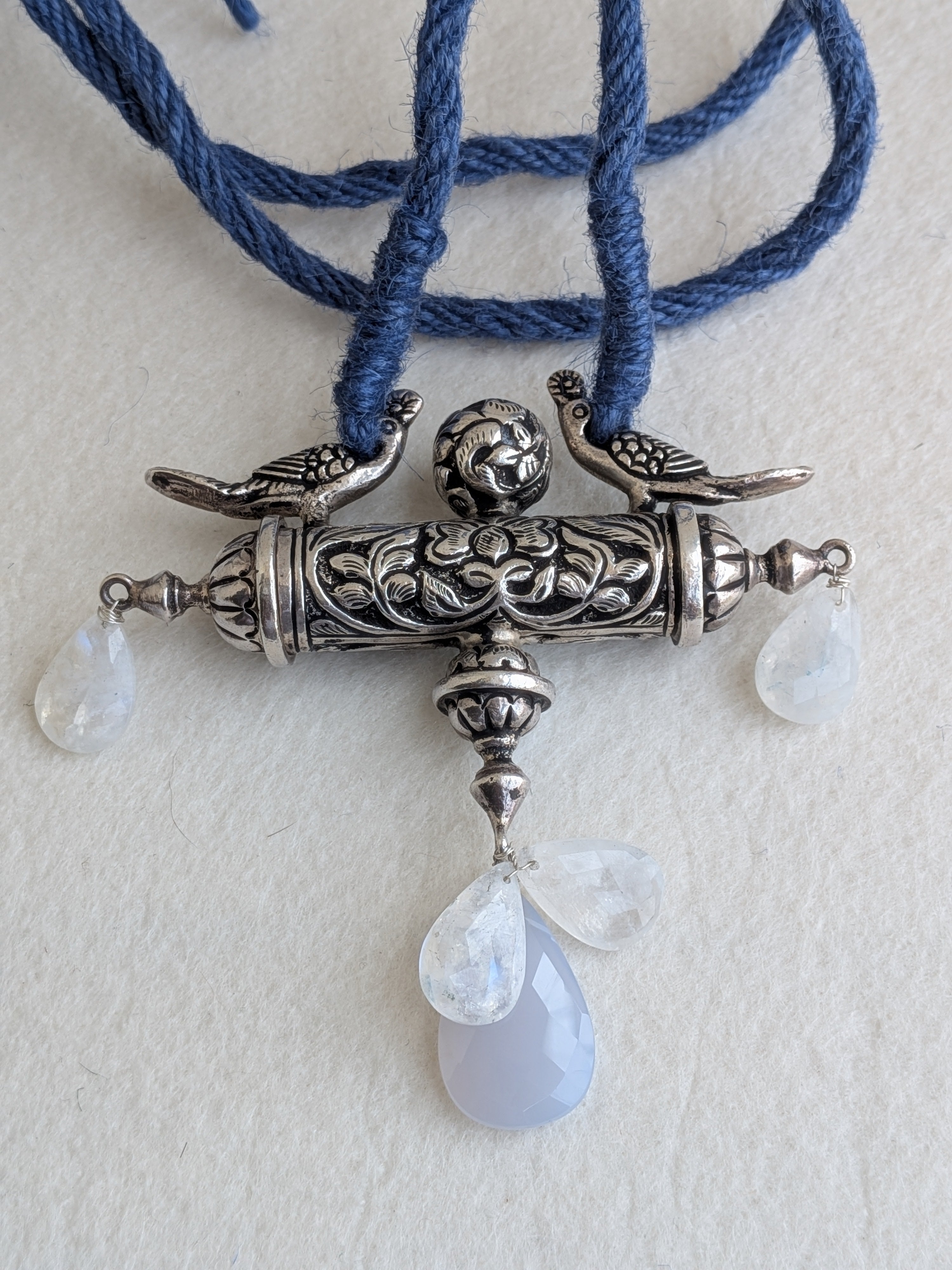 Amara - Statement Silver Peacock Pendant with Moonstone & Chalcedony - Blue Jute Dori