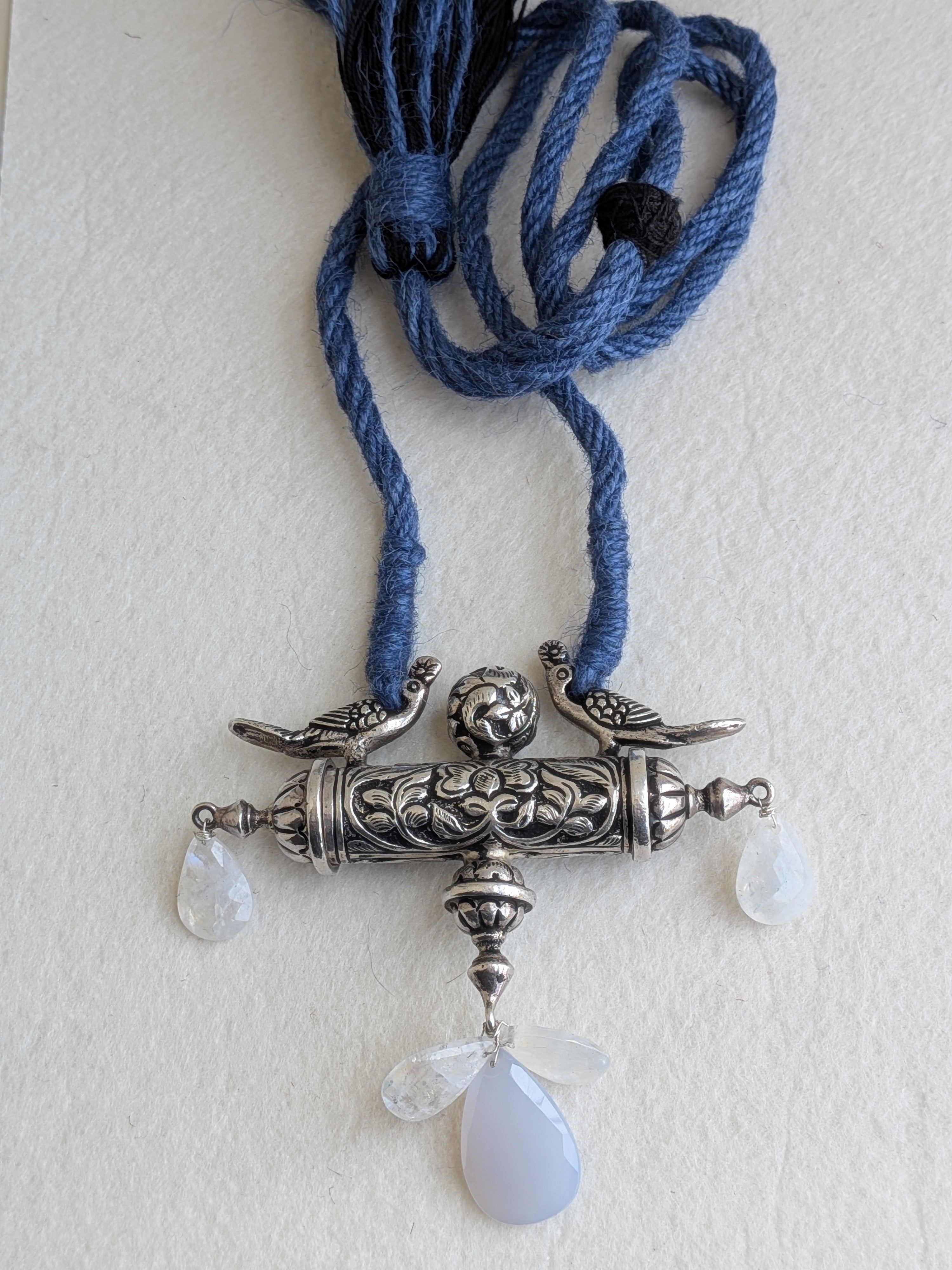 Amara - Statement Silver Peacock Pendant with Moonstone & Chalcedony - Blue Jute Dori
