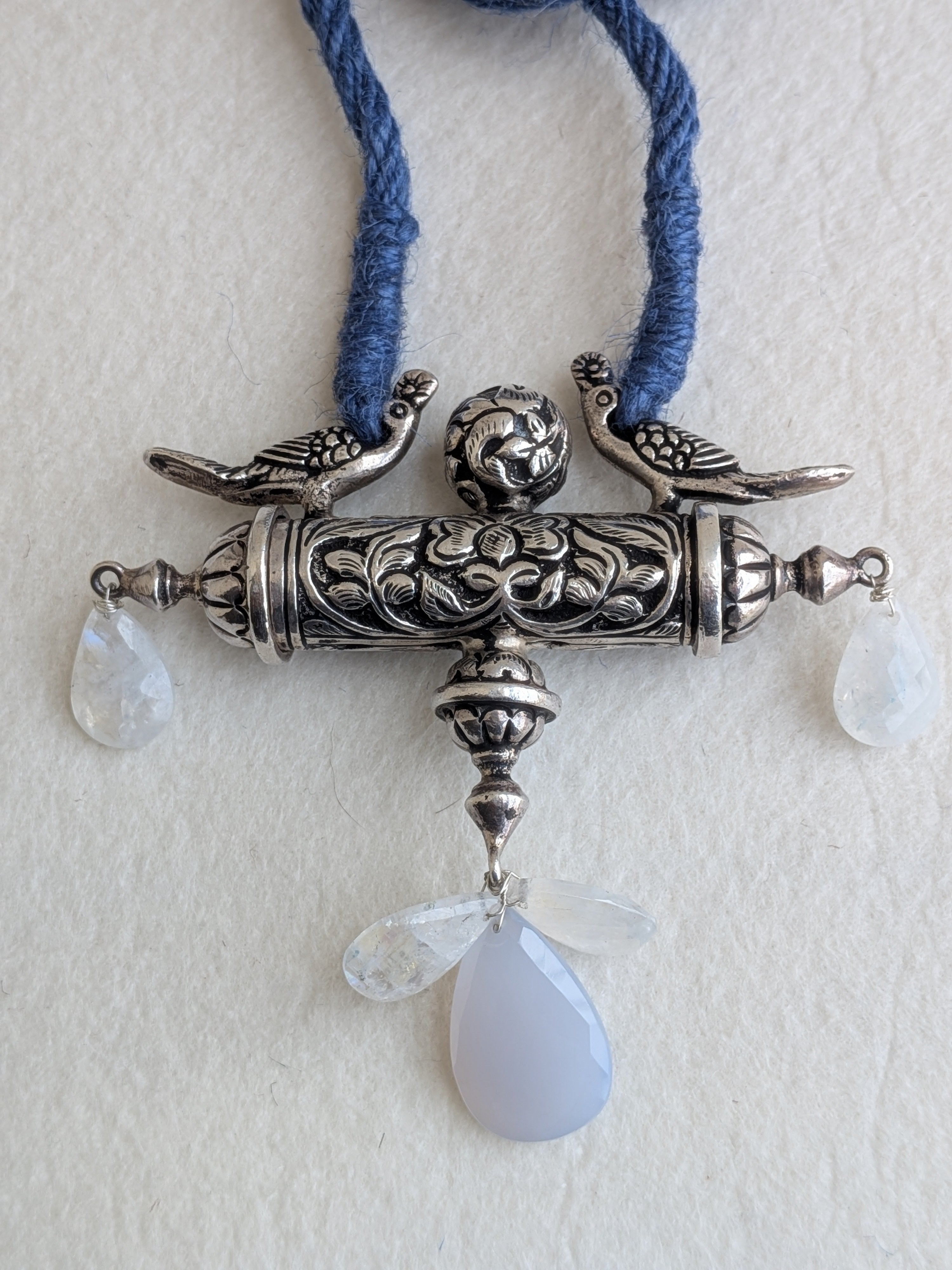 Amara - Statement Silver Peacock Pendant with Moonstone & Chalcedony - Blue Jute Dori
