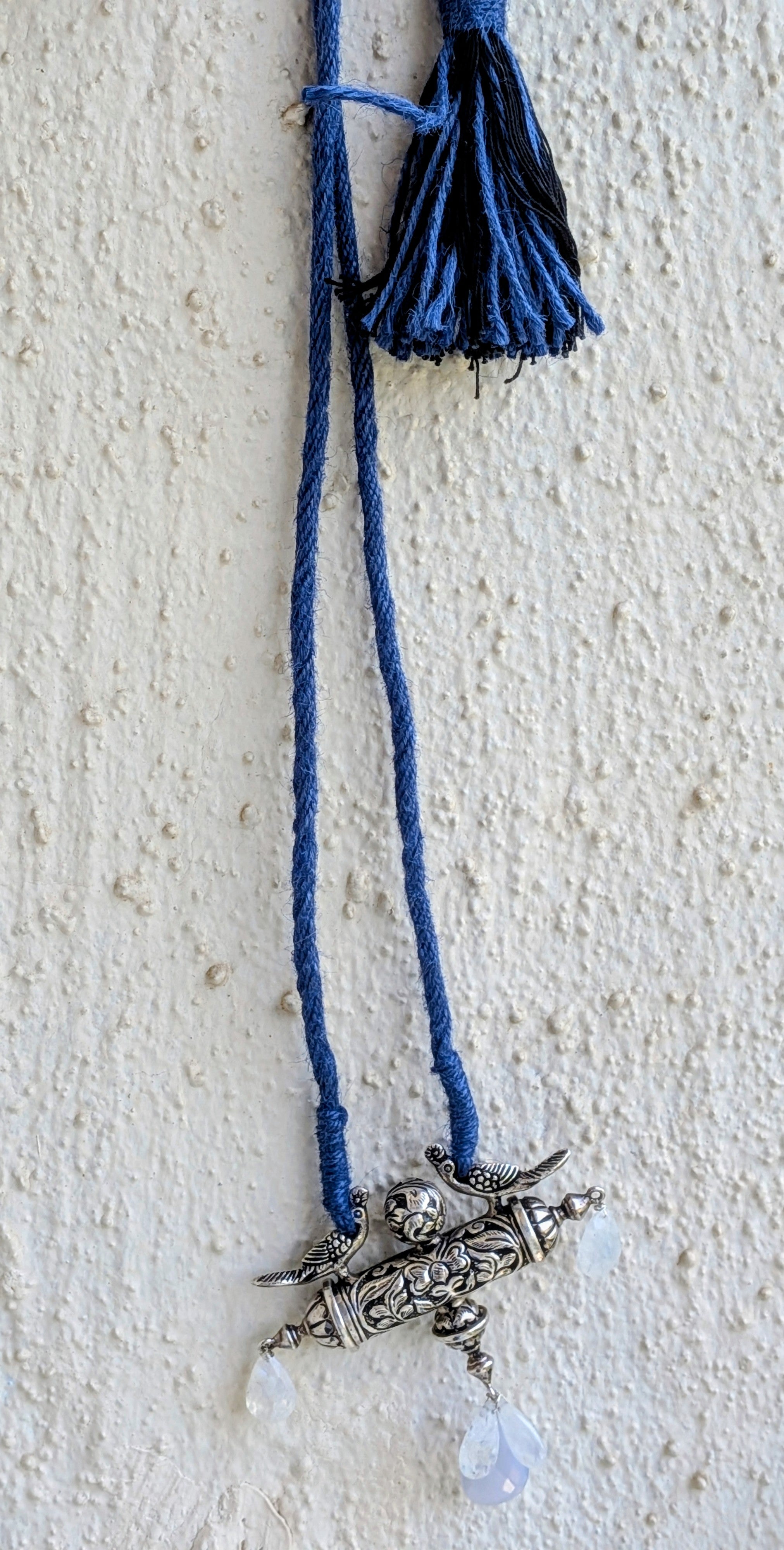 Amara - Statement Silver Peacock Pendant with Moonstone & Chalcedony - Blue Jute Dori
