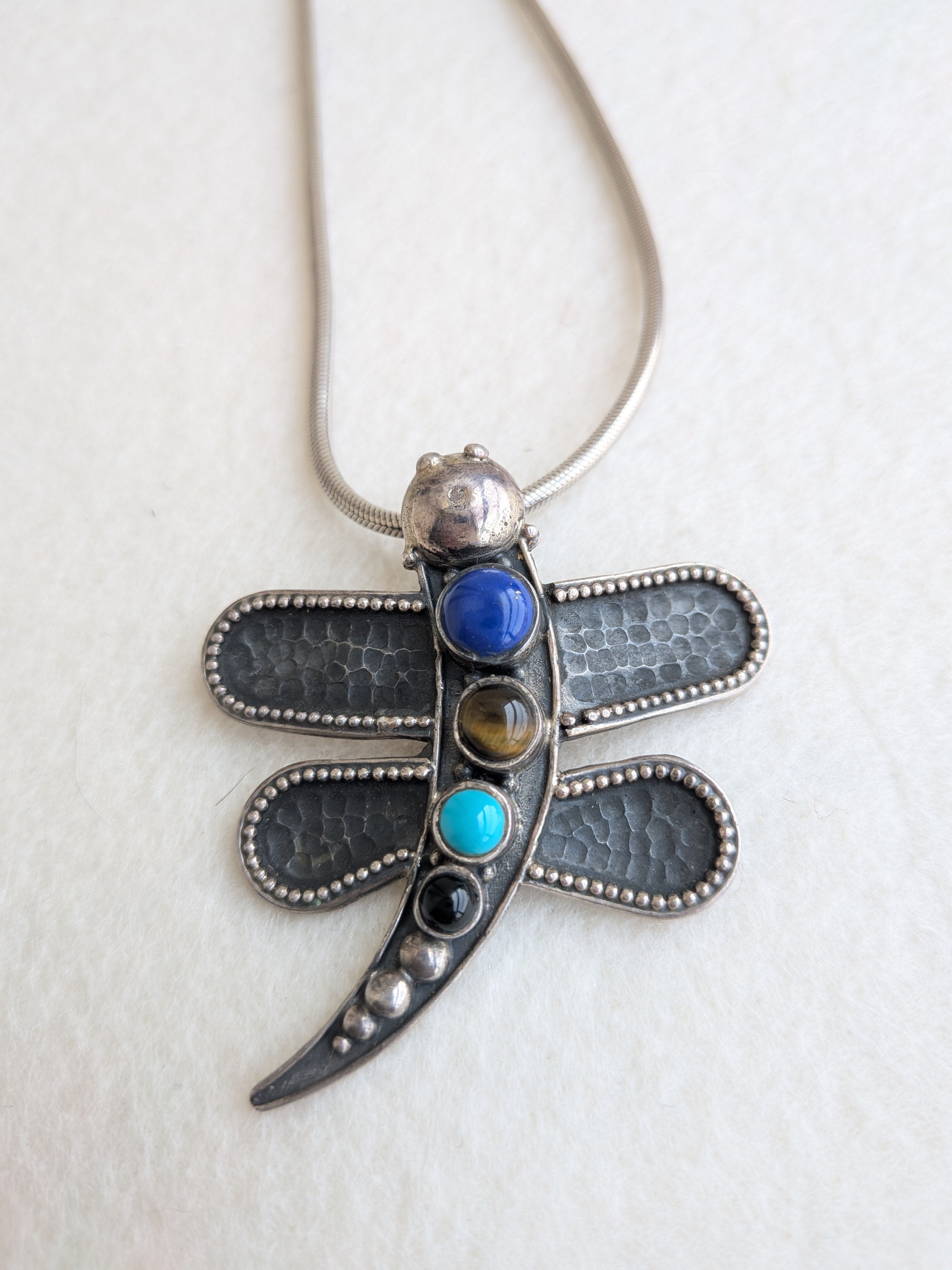Dragonfly Chain - 925 Silver Long Thai Chain with Pendant - Tiger's Eye, Lapis Lazuli & Black Onyx