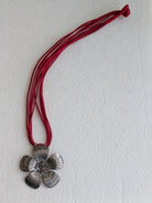 Kamala - 925 Silver Statement Flower Statement Pendant Necklace with Red Dori