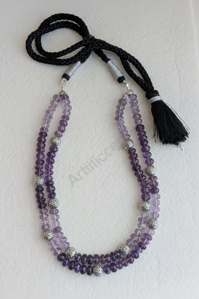 Handcrafted AAA+ amethyst two strand necklace in 925 sterling silver from Artificcers