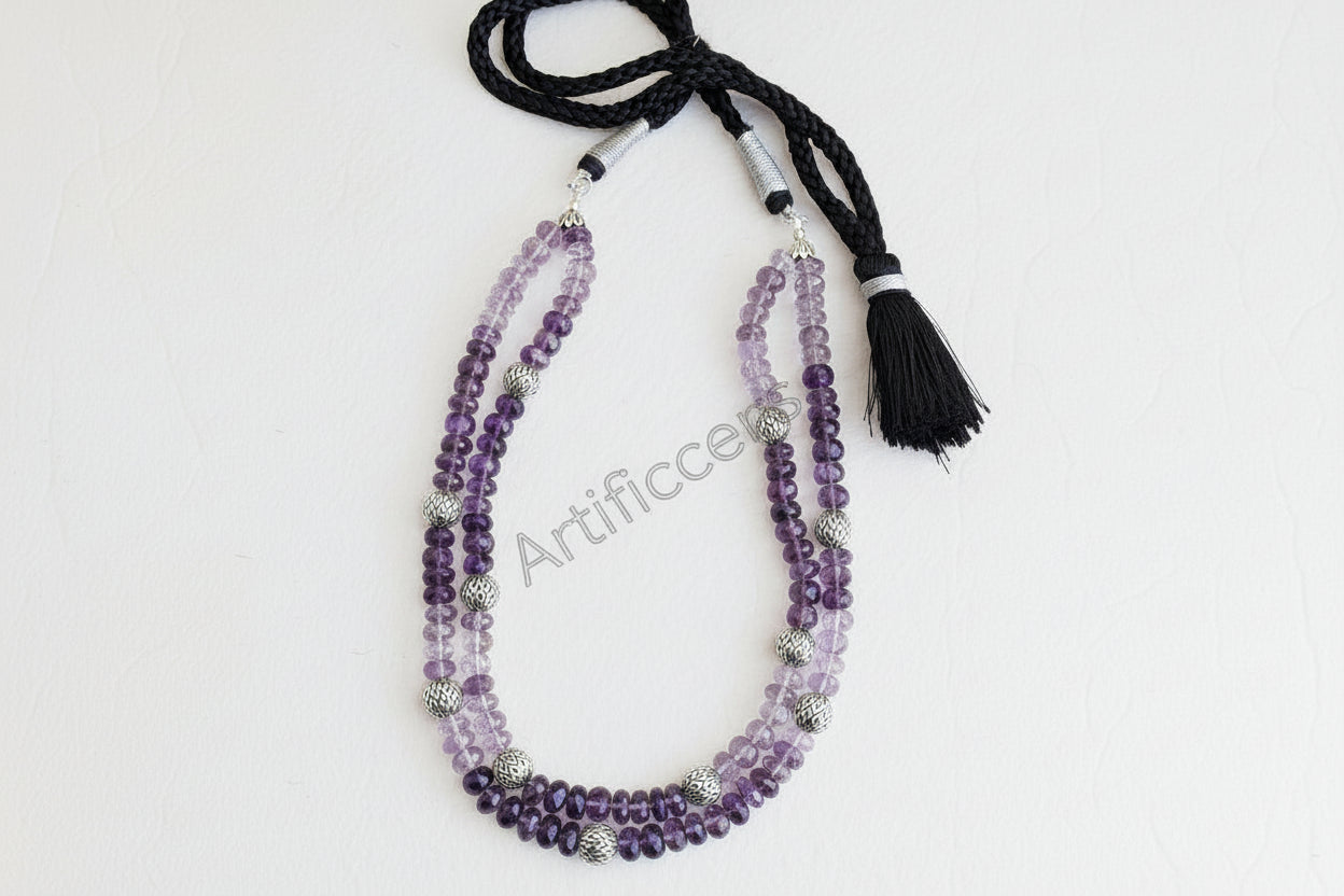 Handcrafted AAA+ amethyst two strand necklace in 925 sterling silver from Artificcers