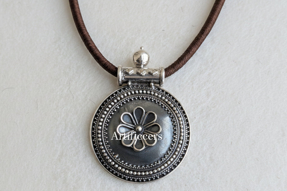 Dhara - Statement piece with round 925 Silver pendant and brown dori