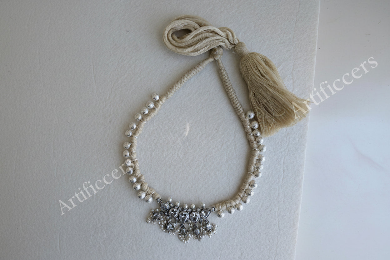 Gajara Tanmani - 925 Silver Necklace adorned with Zircon beads & Freshwater Pearls