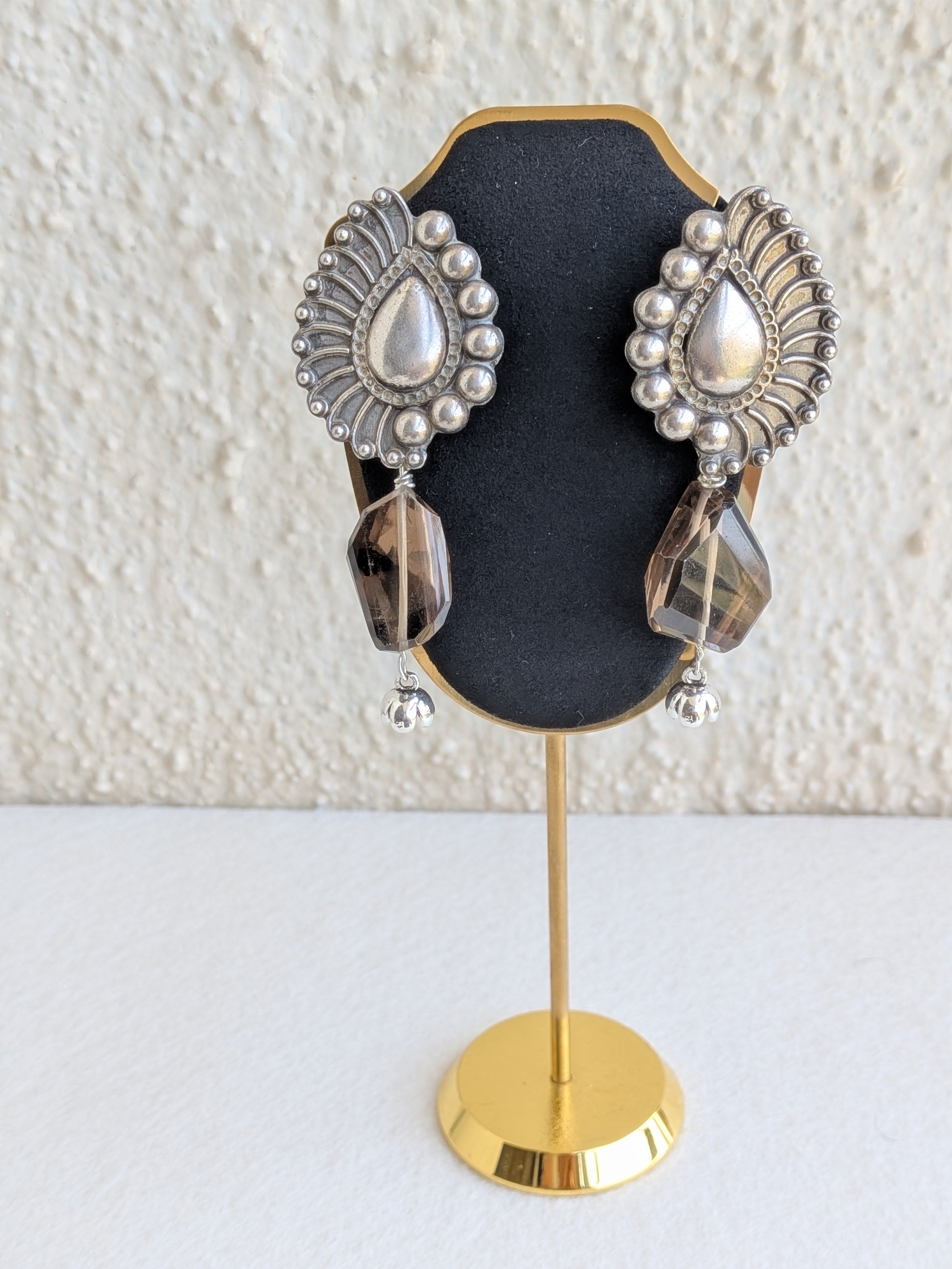 Morni - Peacock Feather 925 Silver Tops adorned with original smokey quartz nuggets