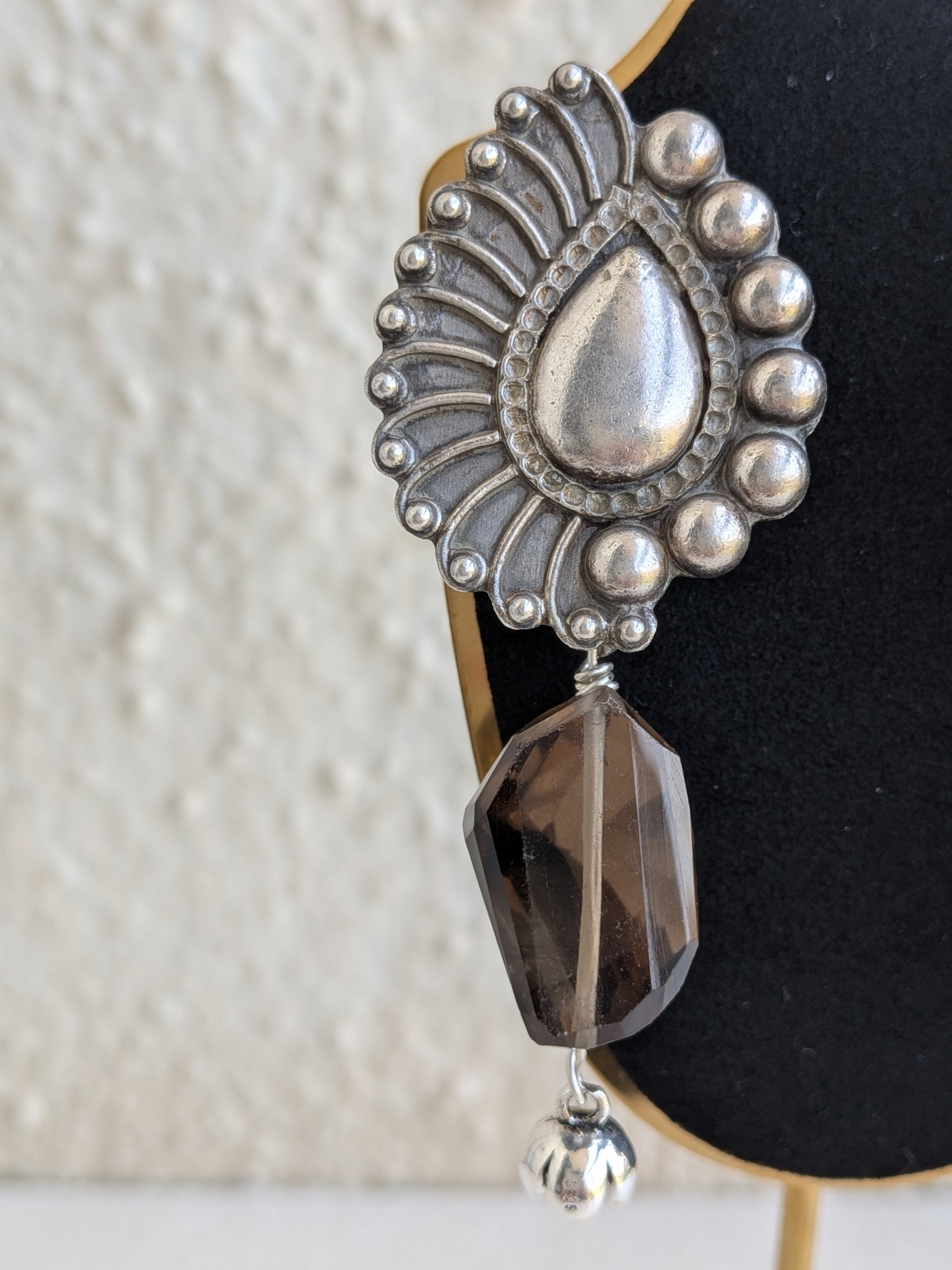 Morni - Peacock Feather 925 Silver Tops adorned with original smokey quartz nuggets