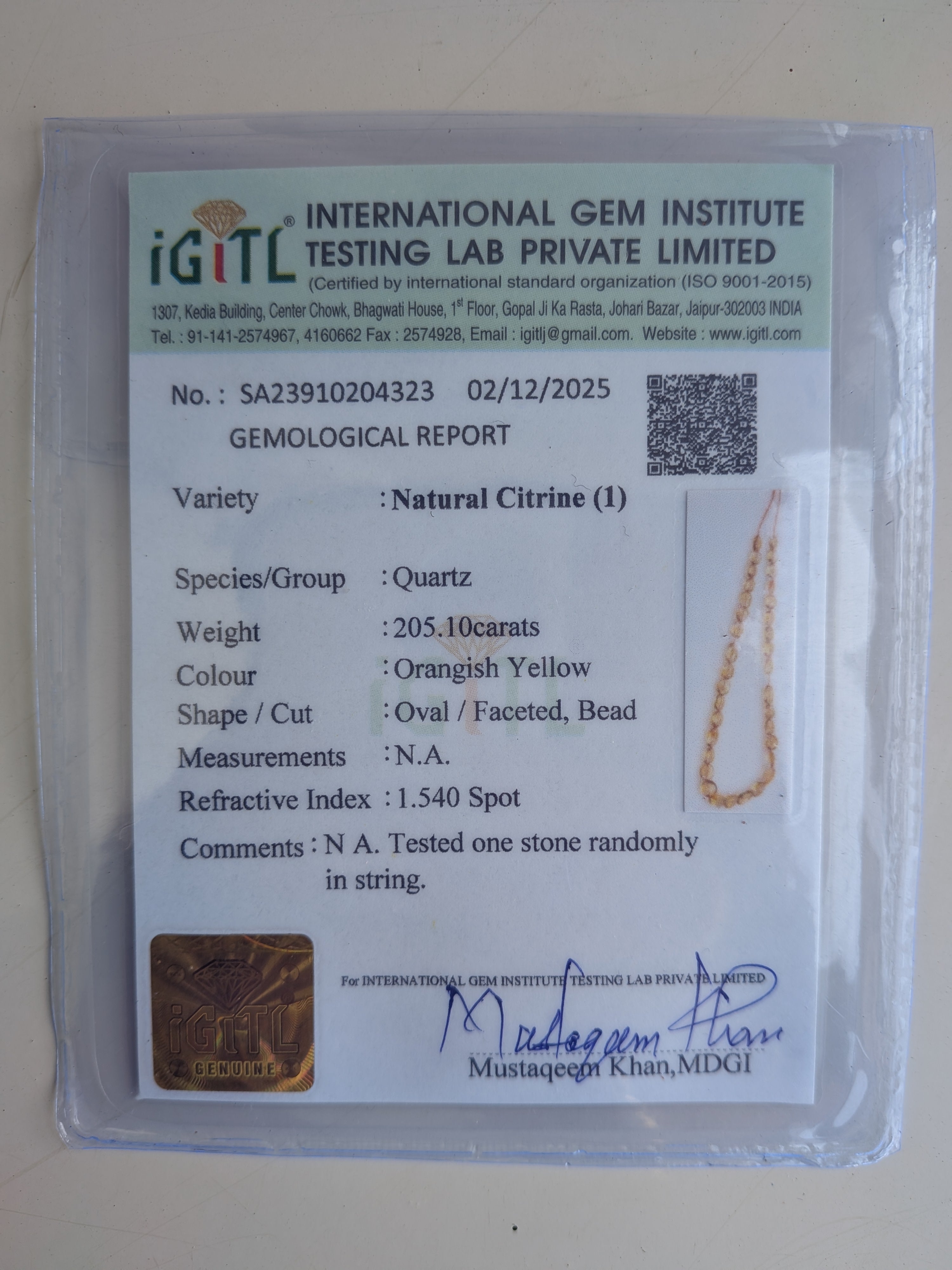 AAA+ citrene stones certificates from Artificcers