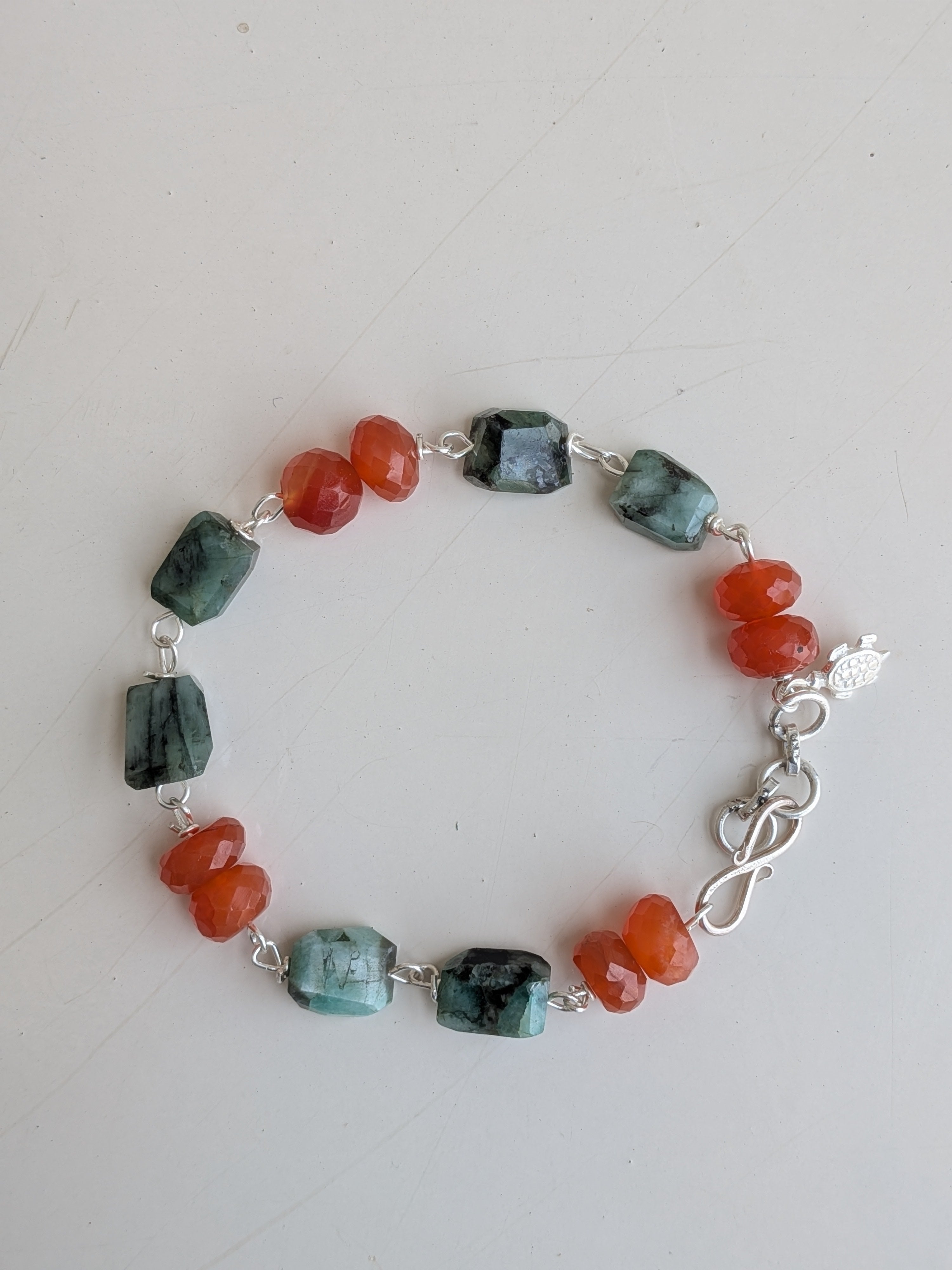 Handcrafted 925 silver bracelet with original Emerald nugget and Carnelian stones