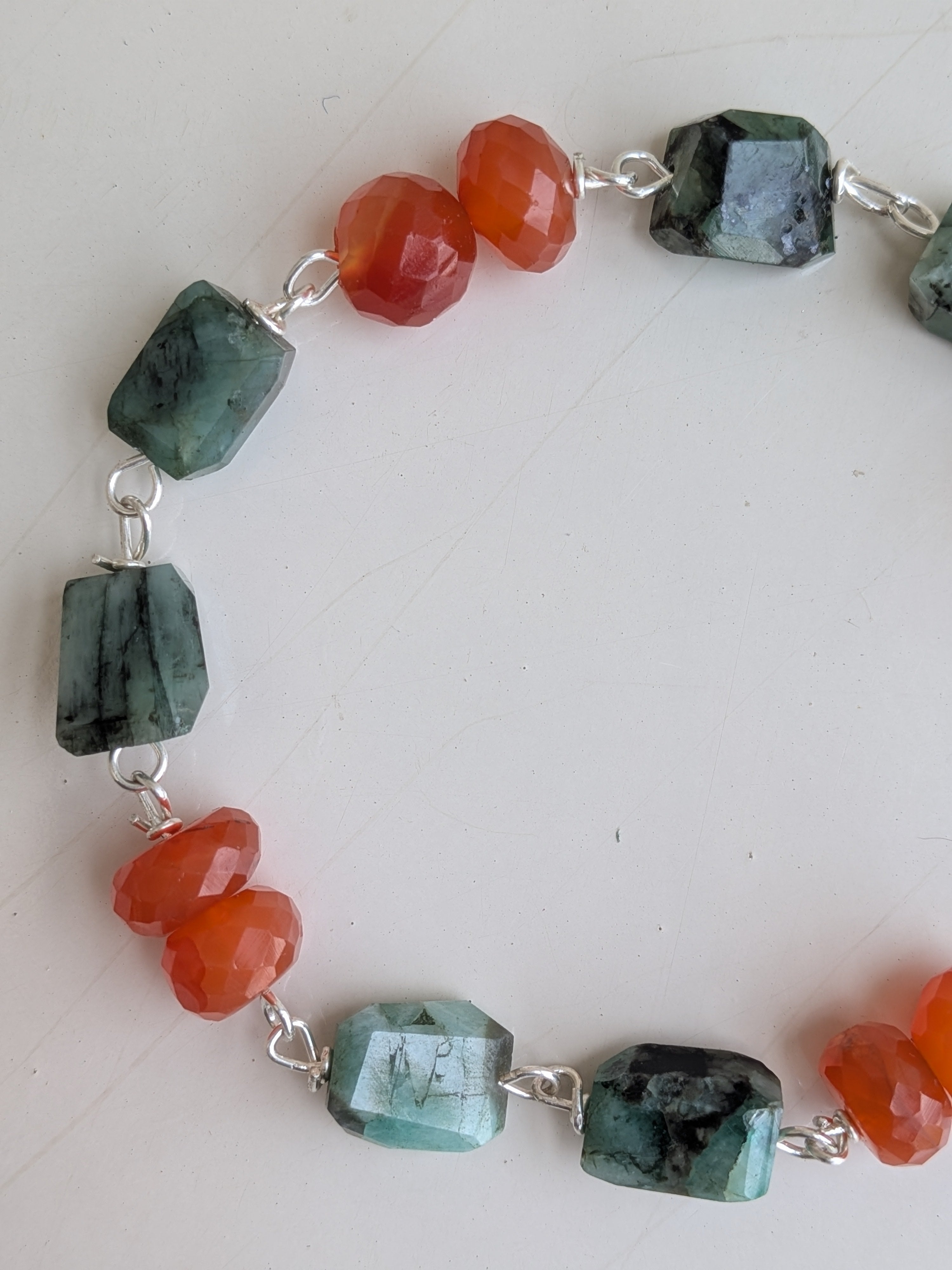 Handcrafted 925 silver bracelet with original Emerald nugget and Carnelian stones