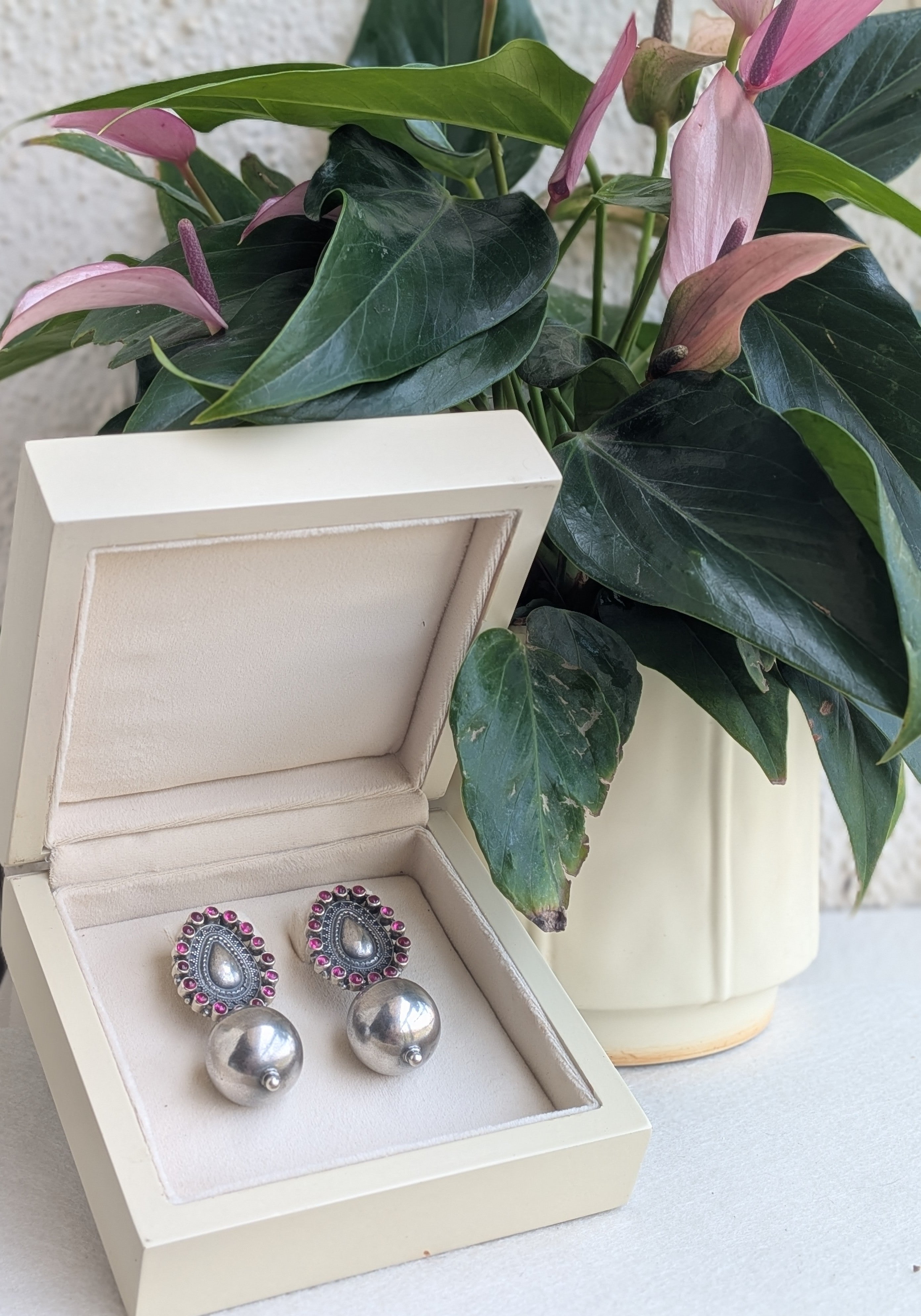 Advika - 925 Sterling Silver Large Jhumkas with Red Kemp Stones