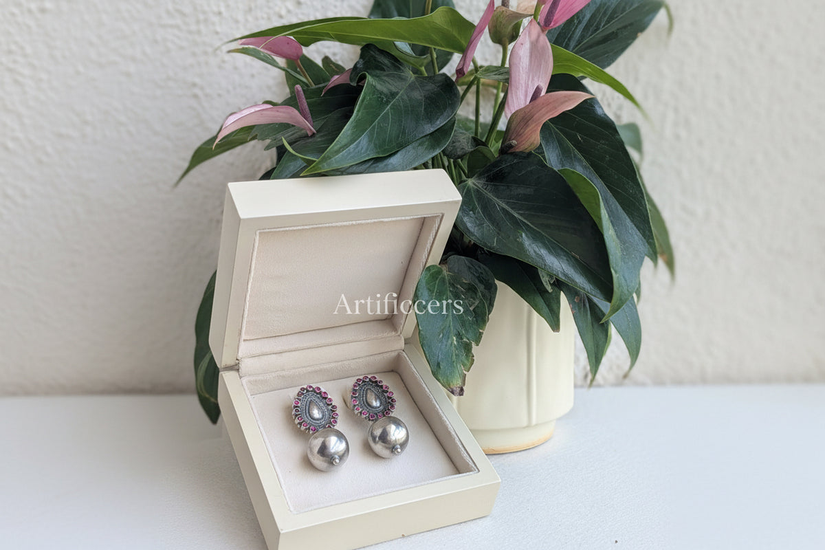 Advika - 925 Sterling Silver Large Jhumkas with Red Kemp Stones
