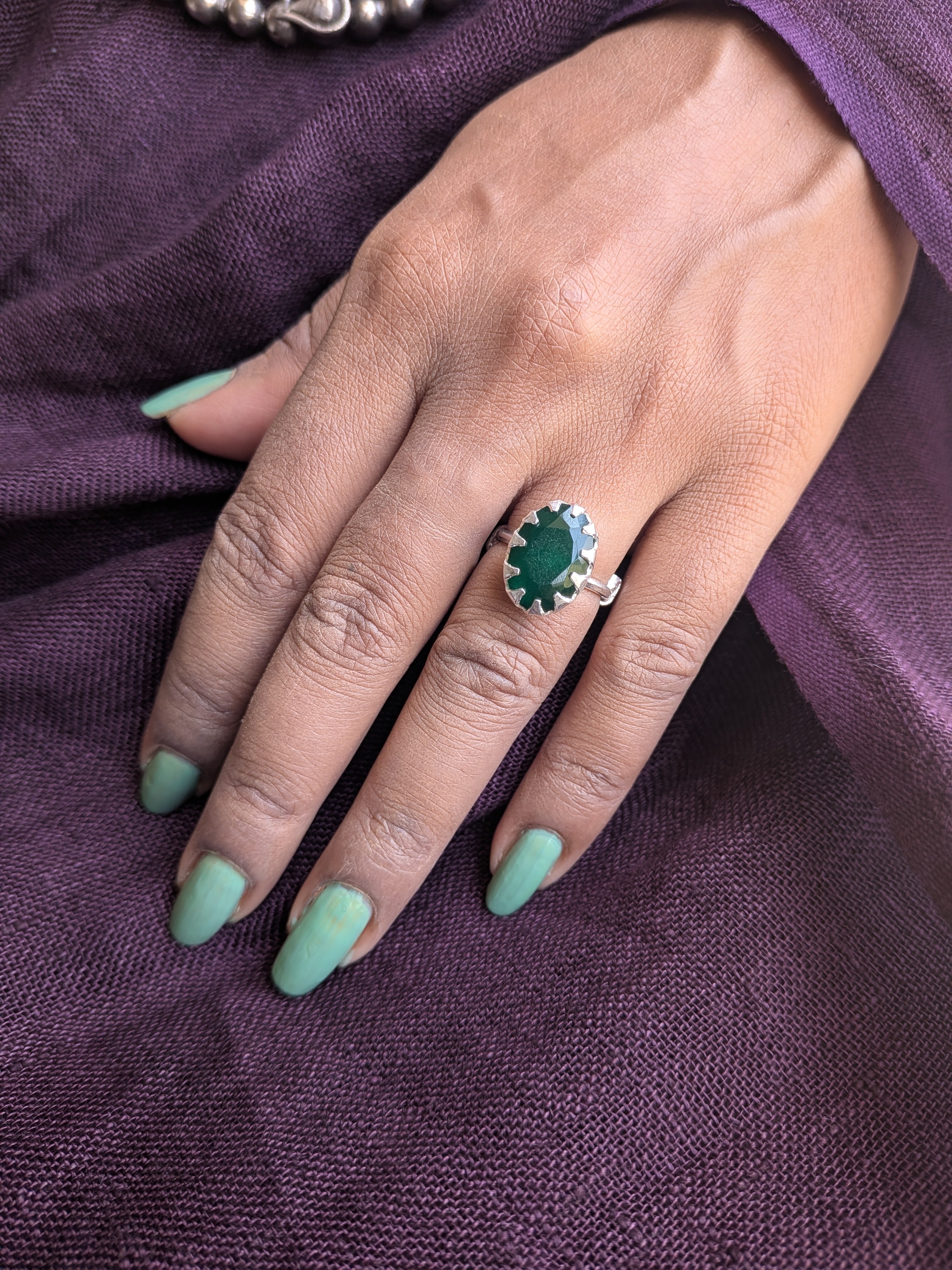 925 sterling silver ring set with natural parrot green quartz. A vibrant stone of prosperity and growth, handcrafted for bold, nature-inspired elegance.