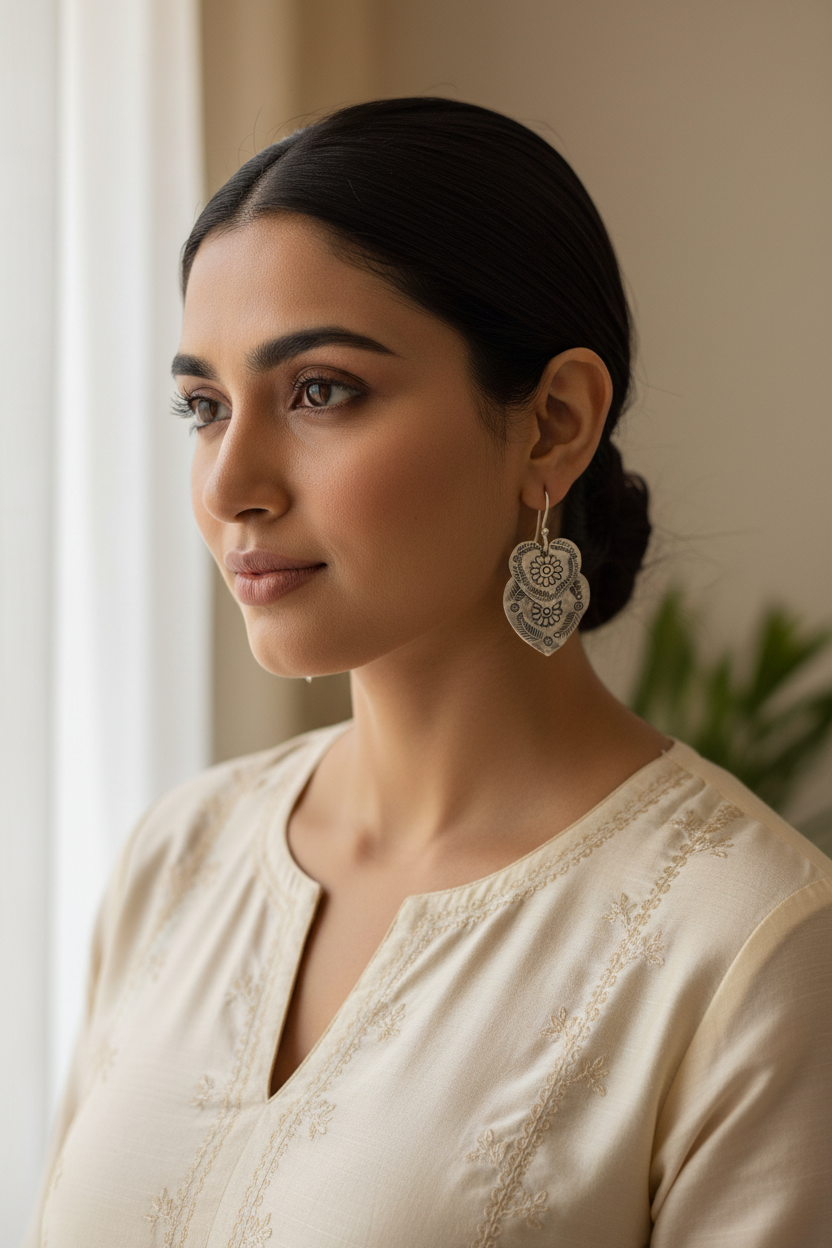 Handcrafted double leaf dangle earrings in authentic 925 silver with light oxidized finish. Perfect for traditional and fusion looks