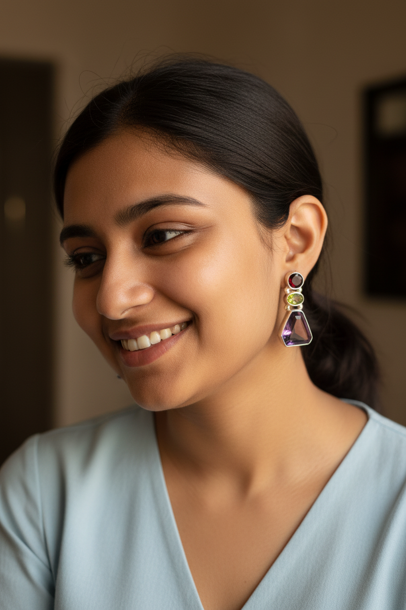 Noori - Statement 925 Silver Earrings studded with multi semi-precious stones