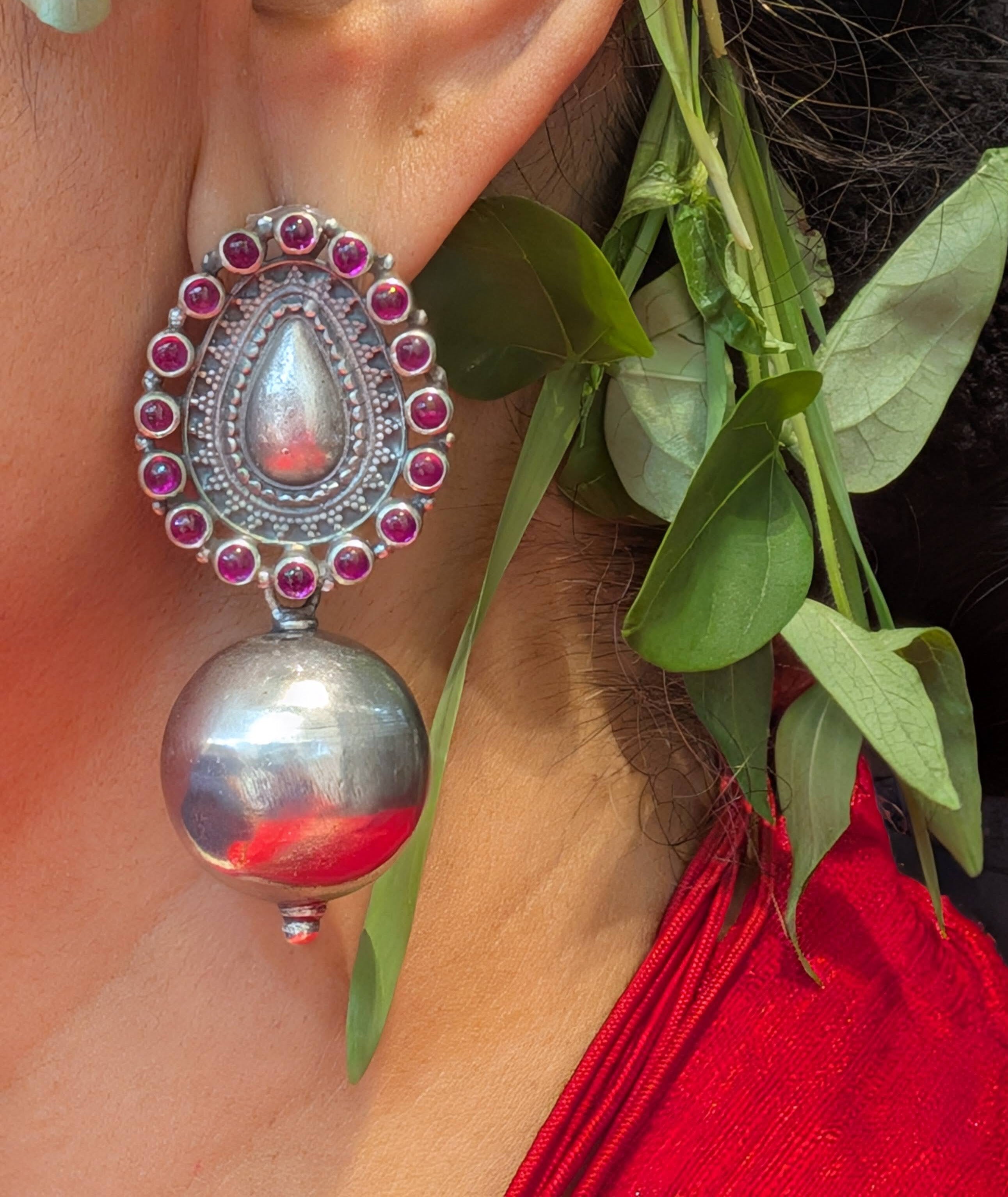 Advika - 925 Sterling Silver Large Jhumkas with Red Kemp Stones