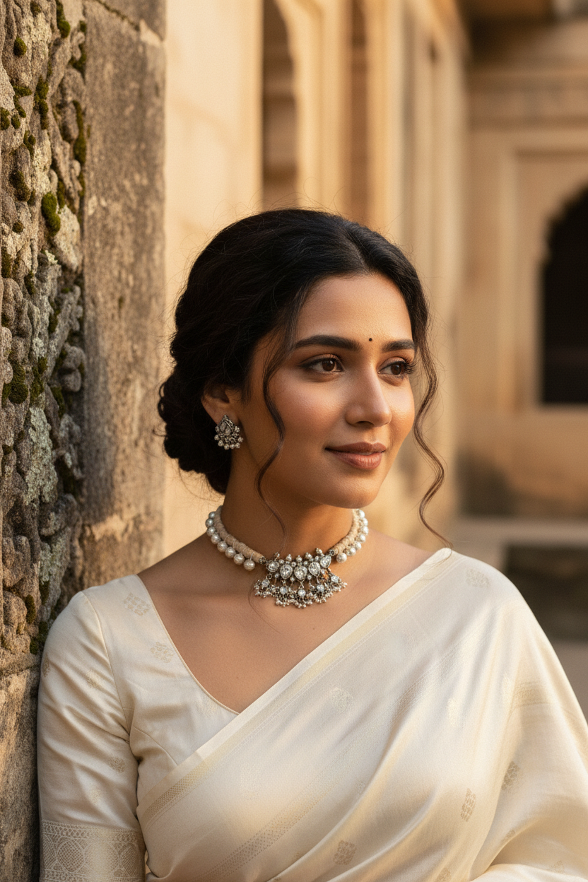 Gajara Tanmani - 925 Silver Necklace adorned with Zircon beads & Freshwater Pearls
