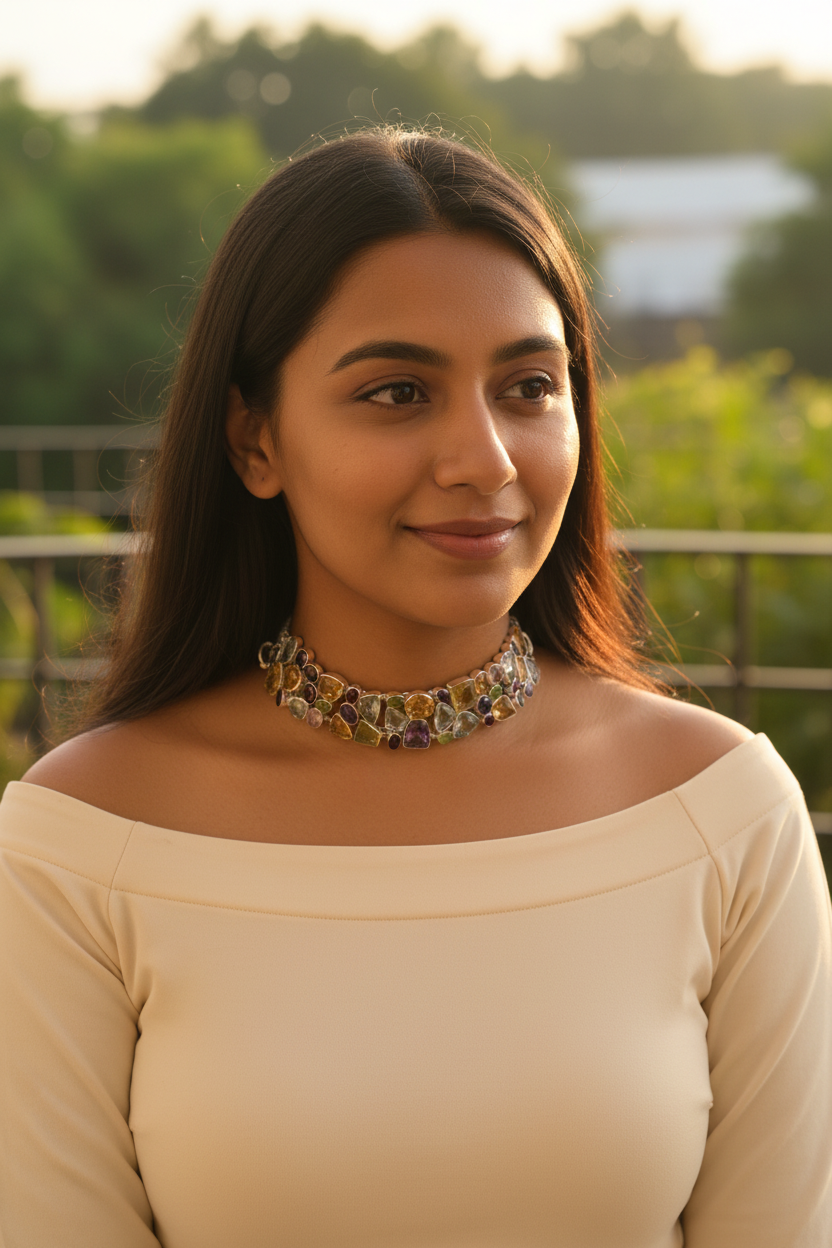 Navaratna - Statement choker studded with multi semi-precious stones