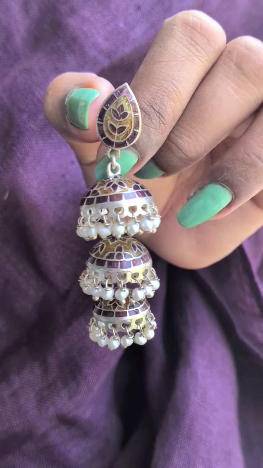 Handcrafted 925 silver jhumkas with traditional Meena enamel work and freshwater pearls. A festive, heirloom-worthy statement earring from Artificcers.