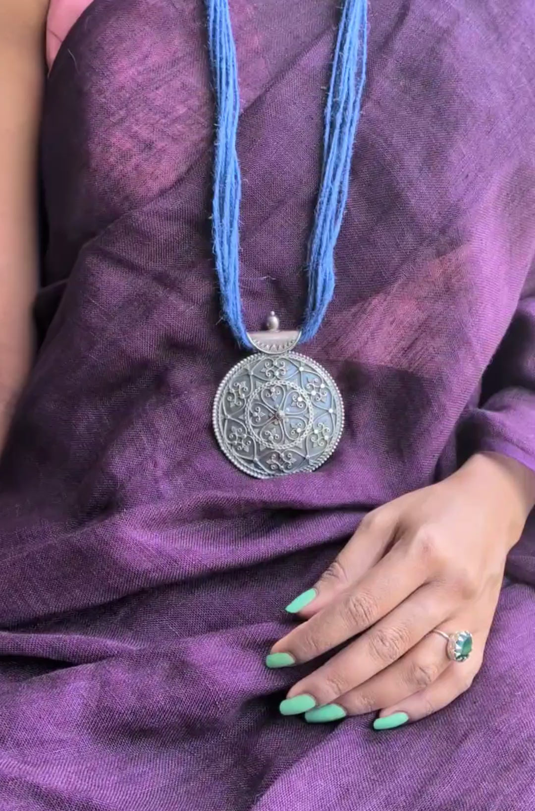 Nalini - Stunning Ethnic Large Antique Silver pendant paired with Jute thread neckpiece
