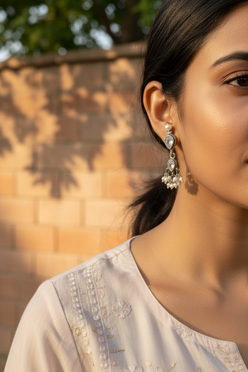Handcrafted in 925 Silver, White Zircon and Freshwater Pearls Earrings